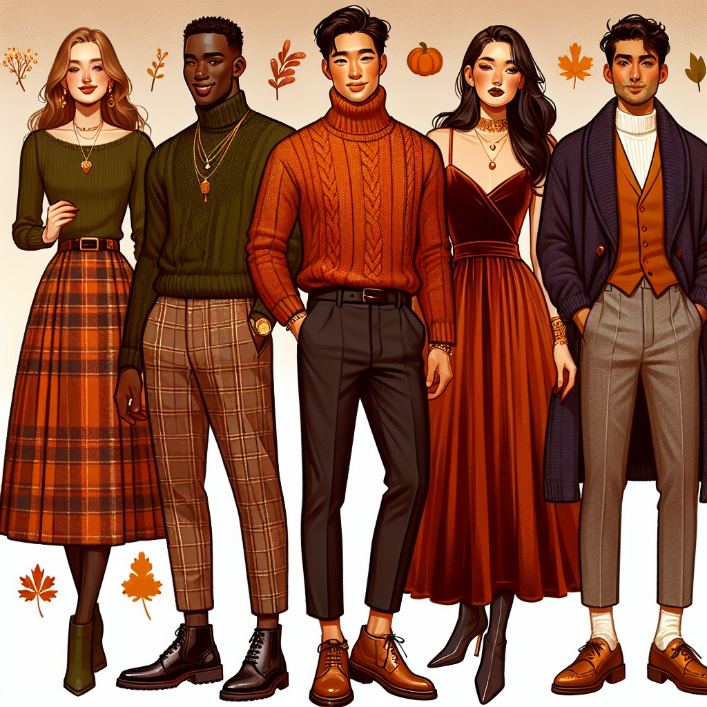 Imagine a concept illustration for a 'Friendsgiving Style Guide.' It showcases must-have looks suitable for men and women. A Caucasian woman wearing a stylish olive green sweater paired with a knee-length orange plaid skirt, and stylish ankle boots. A Black man looking dapper in a warm, burnt orange turtle neck sweater, black trousers, and brown leather shoes. A South Asian woman in a maroon velvet dress accented with gold jewelry, and a Middle-Eastern man wearing a navy blue cardigan over a white shirt, charcoal grey chinos, and loafers. They all are in a Festive background with Autumn hues.