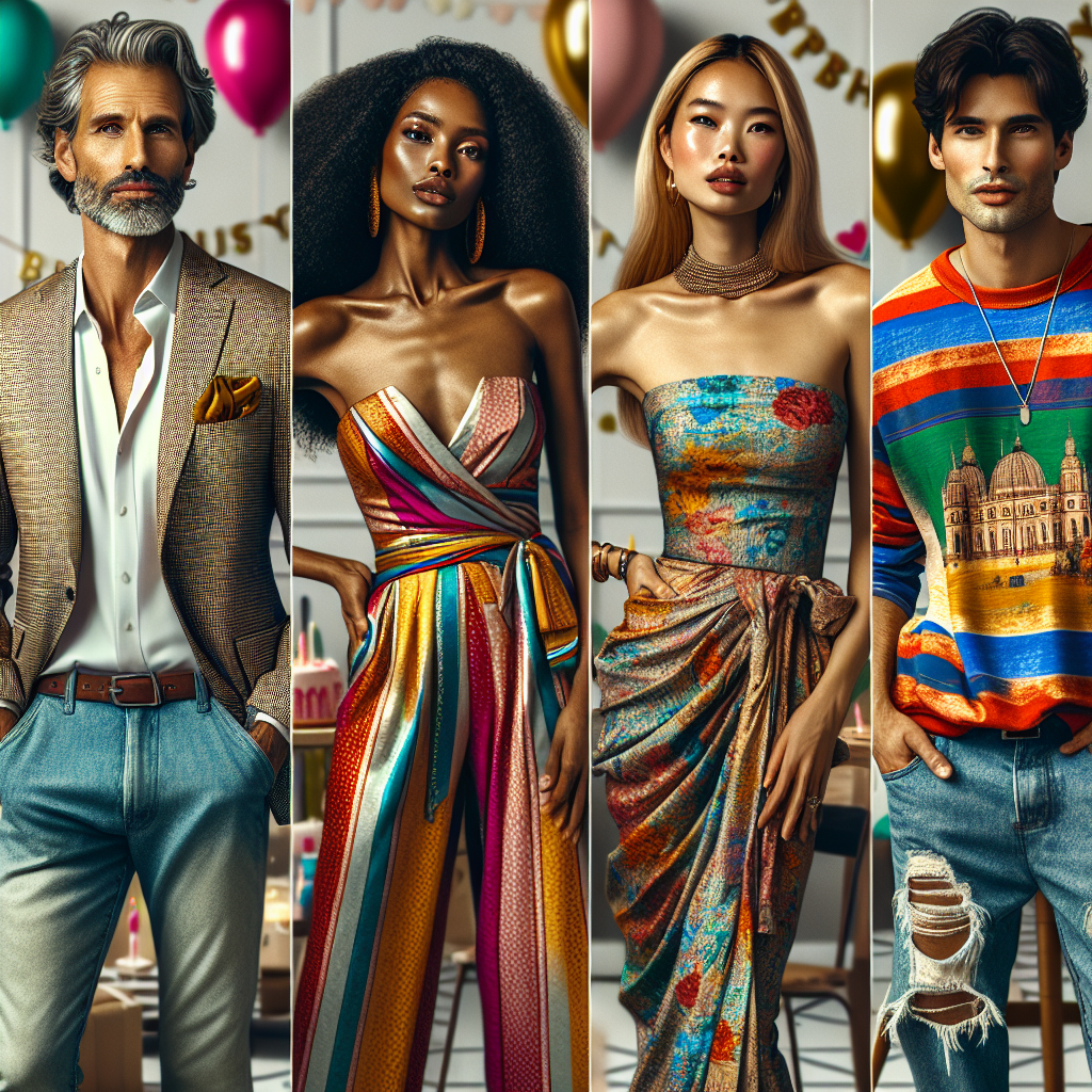 Birthday Party Style: Effortless, Stunning Outfits for Guests Imagine an array of guests gathered at a chic birthday party. Highlight four fashion-conscious individuals, each with a unique, effortless yet stunning outfit. The first, a middle-aged Hispanic man, sports a casual blazer with a matching pocket square. The second individual, a young African woman, radiates beauty in an elegant jumpsuit rich in vibrant colors. The third, an older South Asian woman, exudes grace in a fashionable saree with intricate patterns. Finally, the fourth person, a Caucasian youngster, looks cool in a trendy, brightly hued T-shirt and ripped jeans. The atmosphere is festive, with colorful balloons and a tastefully decorated birthday cake in the background.