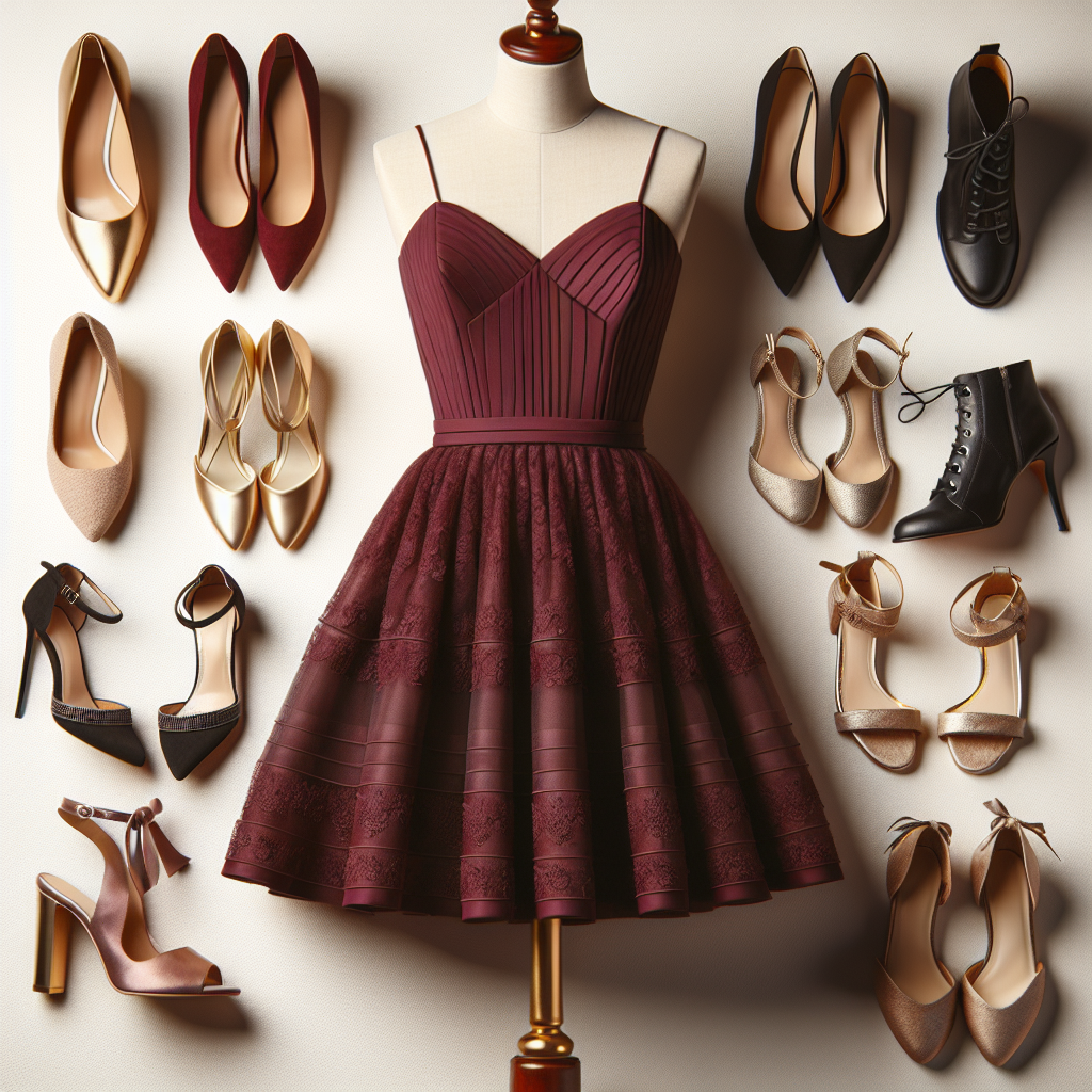 A stylishly set scene of a burgundy dress elegantly placed on a dress form. Beside it, display an array of different types of must-have shoes, ranging from high-heeled sandals to classy flats and trendy ankle boots. The shoes show a variety of colors that complement the burgundy dress, including gold, silver, and black. Make sure to capture the variety and appeal of these shoes, with each of them being a top pick for pairing with a burgundy dress.