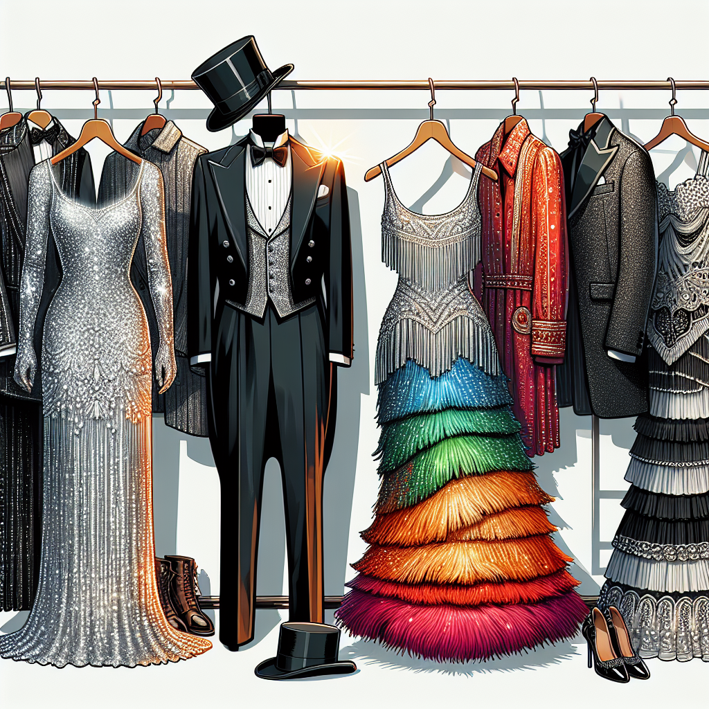 Imagine an array of glamorous Broadway-styled outfits. On one side, visualize a sparkling sequin gown, its silver hues shimmering under the spotlight. Next to it, picture a suave black tuxedo with a towering top hat, showcasing a classic look. On another rack, lies a vivacious, vibrant flapper dress from the 1920s Jazz Age, adorned with fringed embellishments. Lastly, imagine a dramatic Elizabethan dress, its wide silhouette replete with ruffles and intricate embroidery. Each piece is distinct, encapsulating the unique charm and splendour of Broadway. Find your perfect look in this captivating ensemble of outfits.