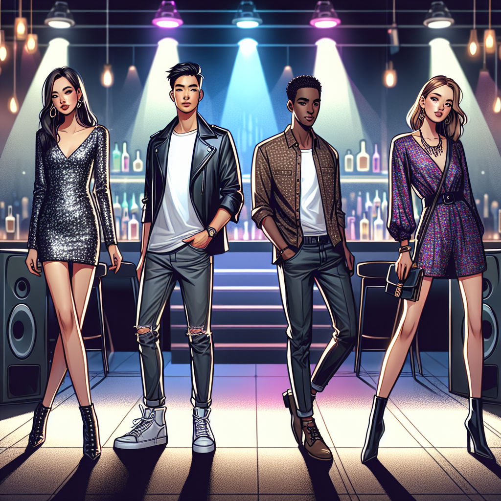 Illustrate a scene at a modern, urban night club. The spotlight is on four individuals showcasing different perspective on club attire. A female of Latin descent should be wearing a shimmering mini dress paired with black heels. An Asian male seen in a black leather jacket, plain white tee, skinny jeans, and ankle boots. An African American woman is in a sleek jumpsuit accessorized with bold, statement jewelry. A Caucasian male stays comfortable yet stylish in a patterned shirt and dark chinos. Background filled with dim, color-changing lights and large speakers.
