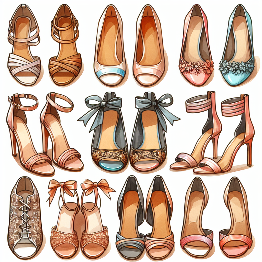 A beautifully arranged set of ten pairs of shoes for maxi dresses, showcasing different styles. Each pair distinct in design, color, and detail. From simple flat sandals ideal for a beach day to striking high heels that add an aura of sophistication to formal events. Include ballerinas ideal for casual outings, peep toes for comfort, stilettos for glamour, and wedges for a great balance. Make sure each pair of shoes appears well-crafted, elegant, and perfectly suited to complement the style of a maxi dress.