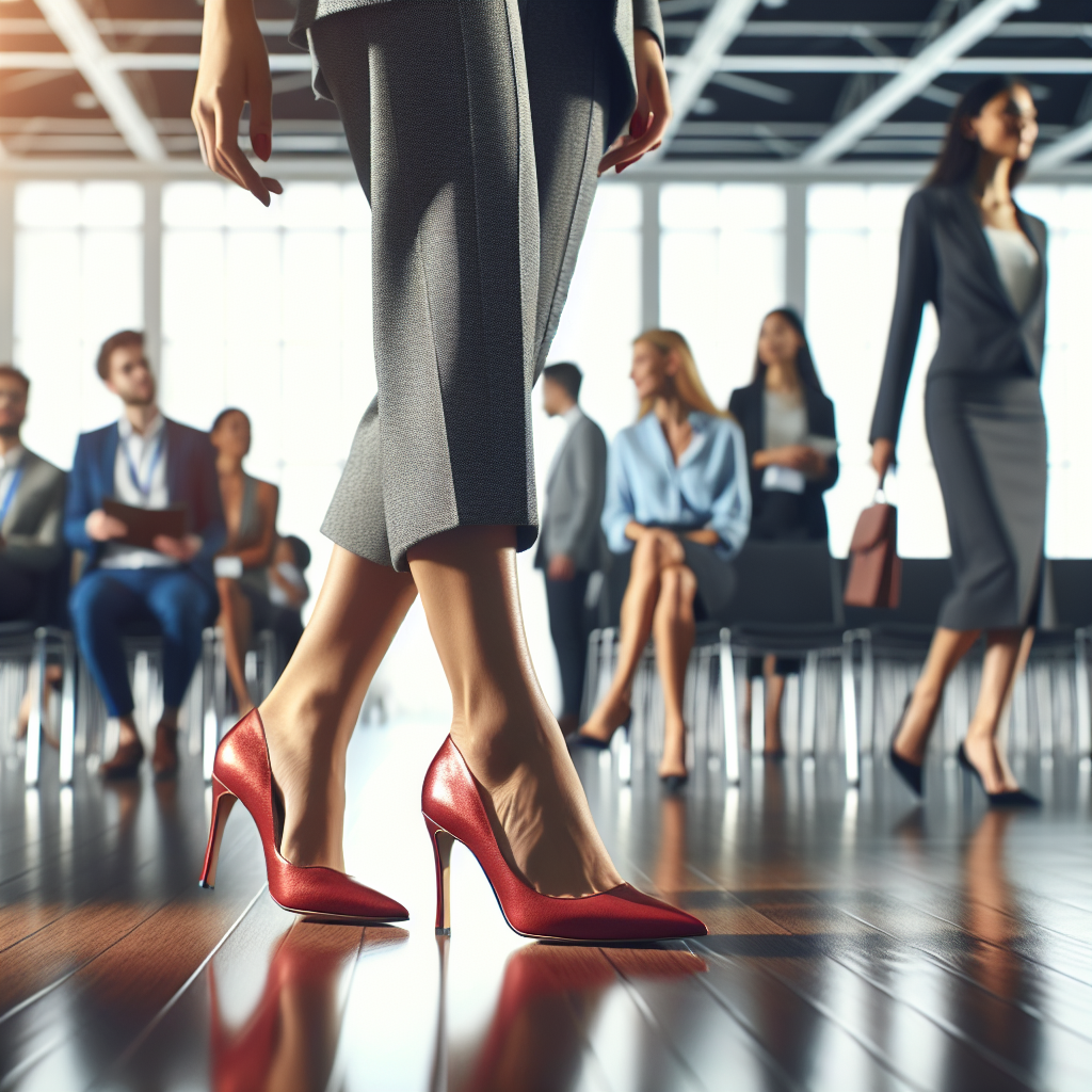 Stunning Midi Dress Shoes: Effortless Conference Picks Display a tastefully lit scene from an international business conference. Focus on a pair of stunning midi dress shoes adorning the feet of a Hispanic woman confidently walking across a polished wooden floor. Behind her, a diverse mix of individuals seamlessly networking. The woman wears a professional, chic gray pant suit, and the shoes provide a stark contrast with their vibrant red hue, making a style statement. The hall is marked with minimalistic, modern decor, creating an air of sophistication. Yet, the shoes steal the spotlight, embodying seamless professionalism with effortless style.
