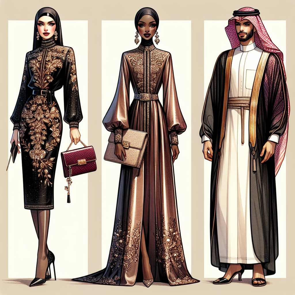 A collage of fashion illustrations showcasing stylish and elegant outfits designed for Saudi Arabia. The first illustration depicts a South Asian woman wearing an embellished abaya with intricate embroidery, accessorizing with a statement clutch and stiletto heels. The second illustration features a Black woman draped in a satin bisht over a silk jalabiya, adorned with fine jeweled accessories. Lastly, a Middle-Eastern man proudly wears a traditional thobe accented with a gold pattern, coupled with a crimson shemagh headscarf tied neatly around his updo.