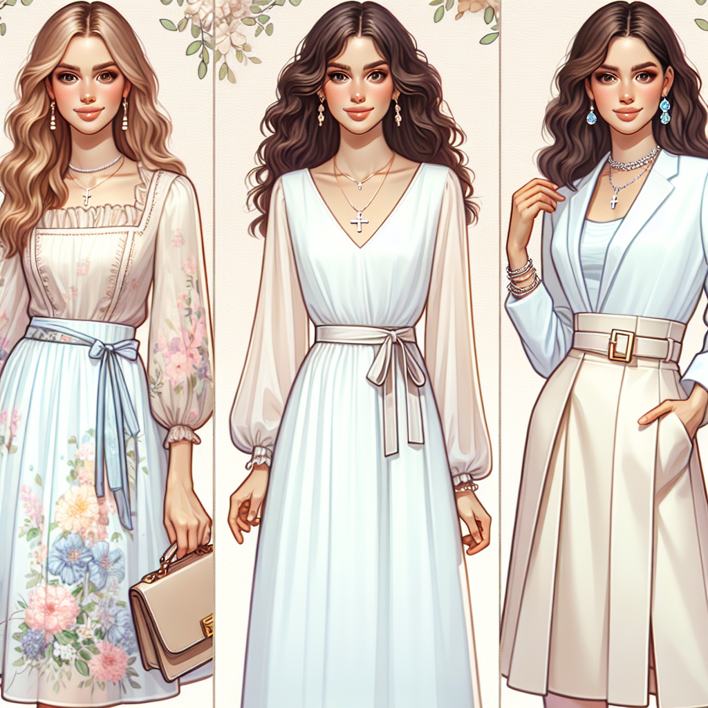 Stylish Baptism Guest Attire: Must-Have Looks for Her Create an image presenting stylish baptism guest attire for women. Illustrate a mix of comfortable yet elegant outfits suitable for a baptism ceremony. Show three women from diverse descents: one Caucasian woman wearing a sophisticated floral dress, a Middle-Eastern woman dressed in a chic pastel-colored outfit, and a Hispanic woman in an elegant skirt suit. Incorporate pastel shades, floral patterns, and delicate jewelries to reflect the softness, festive feel, and elegance intended for such events. Hint on the church-like setting to give context to the occasion.