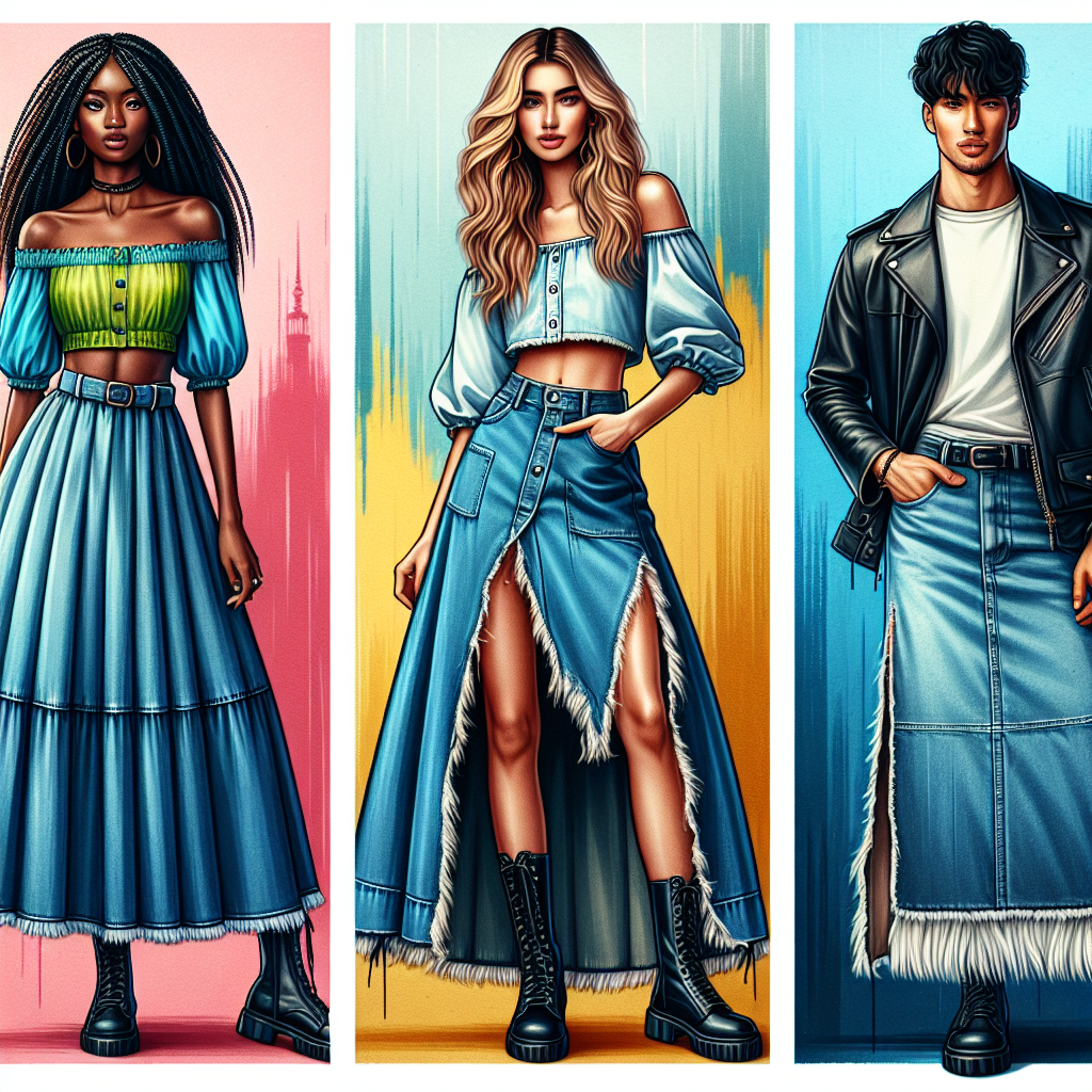 A fashion-themed collage, composed of three models showcasing their best styles featuring long denim skirts. The first model, a black woman with braided hair, is wearing a long blue denim skirt paired with a fluorescent off-shoulder top. The second model, a Caucasian woman with wavy blonde locks, showcases her style with a long frayed-edge denim skirt and a white button-up cotton shirt. The final model, an Asian man with a sleek hairstyle, is confidently sporting a long denim skirt with a high slit, worn with a black leather jacket and combat boots. Show the models against a vibrant cityscape backdrop.