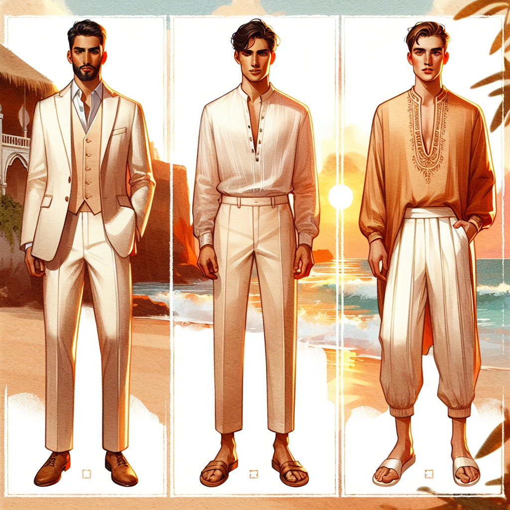 An image illustrating a stunning beach wedding scene focused on men's outfits. There should be at least three men of diverse descents such as Hispanic, Middle-Eastern, and Asian, wearing stylish and unconventional wedding ensembles suitable for a beach occasion. The first man could be wearing a stylish white linen suit, the second a soft silk mandarin-collared shirt with beige trousers, and the third dressed in a loose champagne-colored tunic with white cotton slacks. The beach should have a vibrant sunset in the background, gently illuminating the figures and the scene with golden hues, emphasizing the tranquil and romantic atmosphere of the event.