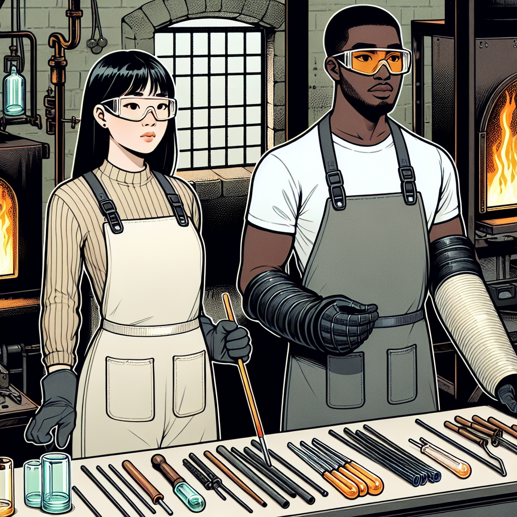 What to Wear to Glass Blowing: Exclusive Guide Visualize a comprehensive guide for appropriate attire for glass blowing. The image should depict an Asian woman and a Black man both dressed in protective clothing needed for glass blowing. Their outfits consist of flame-resistant aprons, long sleeves, and pants, as well as safety goggles to protect their eyes. The pair are in a traditional glass blowing workshop, surrounded by the tools of their craft, like bench, blowpipe, furnace, and various types of molds. The atmosphere of the image should reflect the heat and intensity of this unique art form.