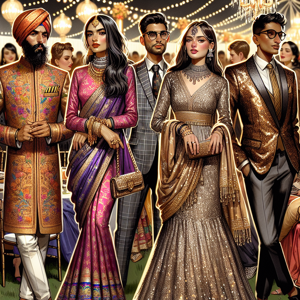 A fashion-forward crowd of individuals at a Dholki event. The scene showcases a variety of must-have outfits. In the frame, capture a Middle-Eastern man in a vibrantly colored Sherwani, a South Asian woman donning an elegant Saree with intricate embroidery, a Caucasian woman in a tastefully chosen gown with golden accents, a Black man wearing a stylish western suit with a bold tie, and a Hispanic woman in a sequin-adorned Lehenga. Include details to convey the festive, lively ambiance.