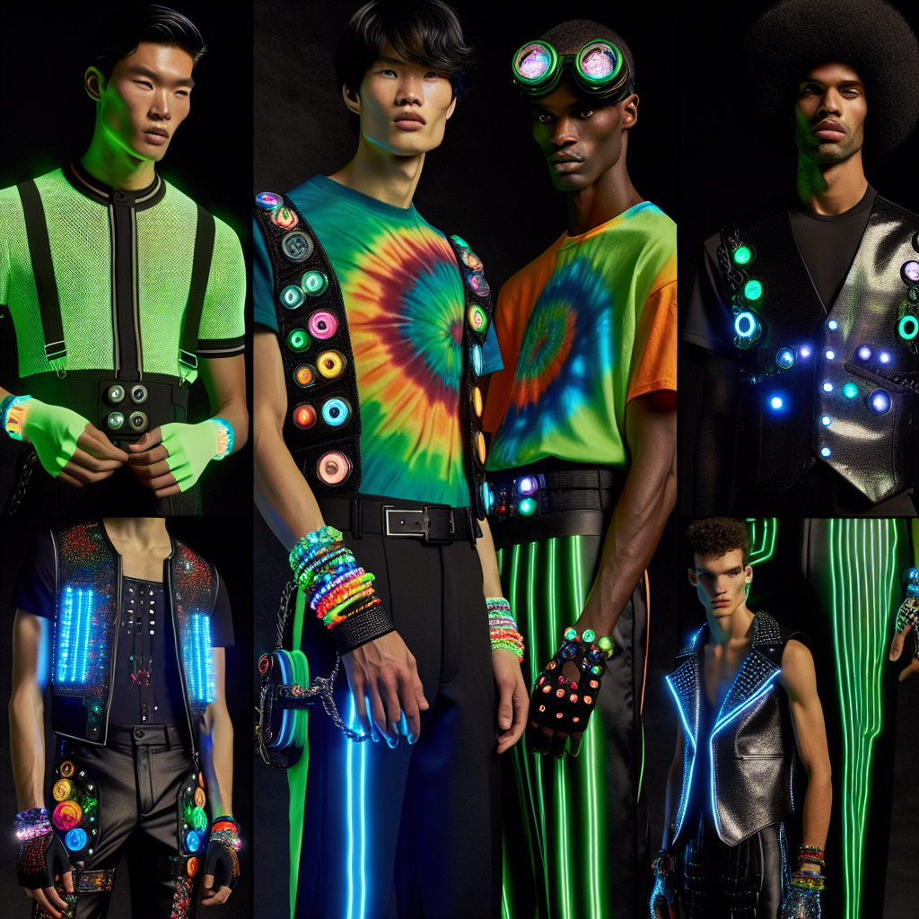 A vibrant fashion scene showcasing various rave-wear for men. In the left corner, an Asian man donned in neon green, futuristic attire with LED lights adorning his outfit. Towards the middle, a Caucasian man sporting a vibrant tie-dye t-shirt and sleek black pants, his wrists adorned with glowing bracelets. On the right, an Afro-Caribbean man wearing a shiny silver vest along with black trousers with blue glow-in-the-dark stripes. Decidedly eclectic and unique rave accessories such as eye-catching goggles, gloves, and illuminated hats dot the scene, truly mirroring the mesmerizing aura of rave culture.