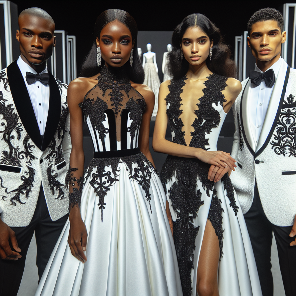 A fashion exhibition showcasing an array of stunning outfits designed specifically for black and white parties. Within this display, an African-American man is dressed in an exquisite black tuxedo with white accents, while a Hispanic woman dons a sleek white gown adorned with intricate black embroidery. Additionally, a Middle-Eastern woman in a sophisticated black-and-white pantsuit stands along with a Caucasian man outfitted in white tuxedo with black details. These four individuals, representing diverse descents, sport the must-see looks for the theme.