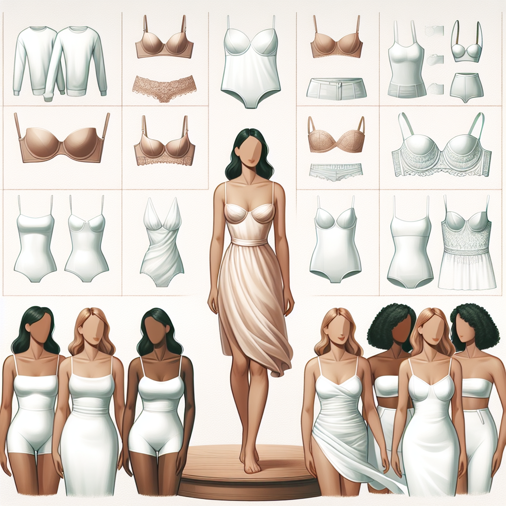 Imagine the essential pieces that one could wear under a white dress. Picture a variety of items such as skin-toned bras, seamless undergarments, slip dresses, and strapless bras. Consider how these items look on individuals of differing genders such as a gender diverse person and a female. Additionally, imagine these items on people of different descents such as Caucasian and South Asian. These pieces are expertly designed for comfort and minimal visibility, ensuring a sleek, uninterrupted white dress appearance. The scene exudes an air of casual sophistication and elegance.