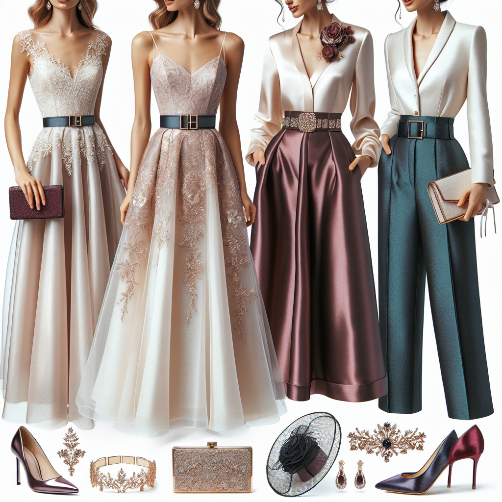 Stunning Wedding Guest Outfits for Her: Effortlessly Chic A stunning collection of wedding guest outfits for women. The first garment is an elegant A-line chiffon gown in a soft pastel shade, featuring a mid-length lace overlay. The second ensemble is a high-waisted satin midi skirt paired with a dainty sleeveless silk blouse and a fitted blazer. Another interesting choice is a sleek jumpsuit in rich jewel tones adorned with an embellished belt cinched at the waist. Completing the collection are classy accessories - a pair of glistening high heels, a glittering clutch, and a sophisticated fascinator. The intended style is effortlessly chic and sophisticated.