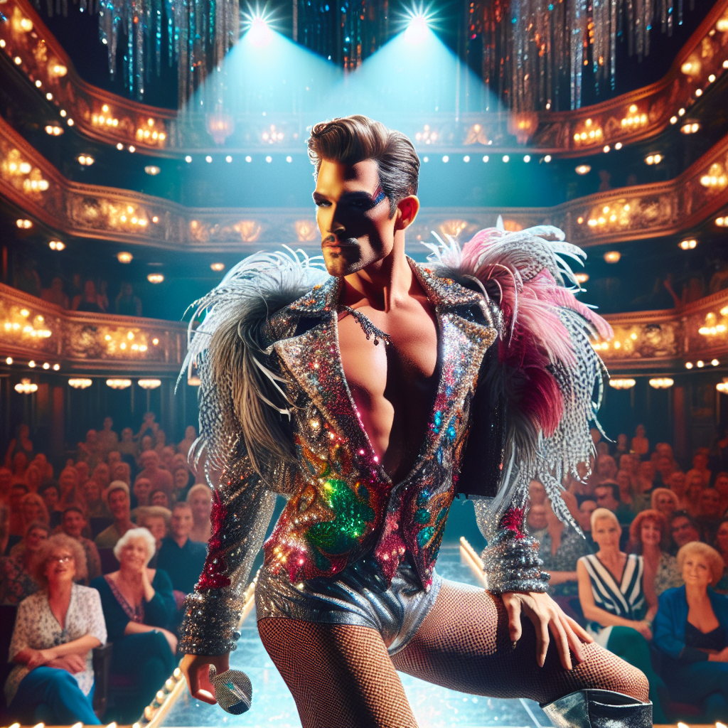 Present a dramatic, high-energy scene at a popular Broadway theater. Feature a stunning male performer, in his sparkly, over-the-top outfit, ready to steal the show. He exudes charisma and charm, his Caucasian descent beautifully contrasted by his colorful stage makeup. The excitement in the crowd is palpable as they eagerly await his performance. The stage is alight with vibrant lighting, giving a glimpse of the glitzy backdrop. His flamboyant costume is decked with sequins and feathers, making him the epitome of grandeur. His confident stance on stage mirrors his unstoppable zest for performance.