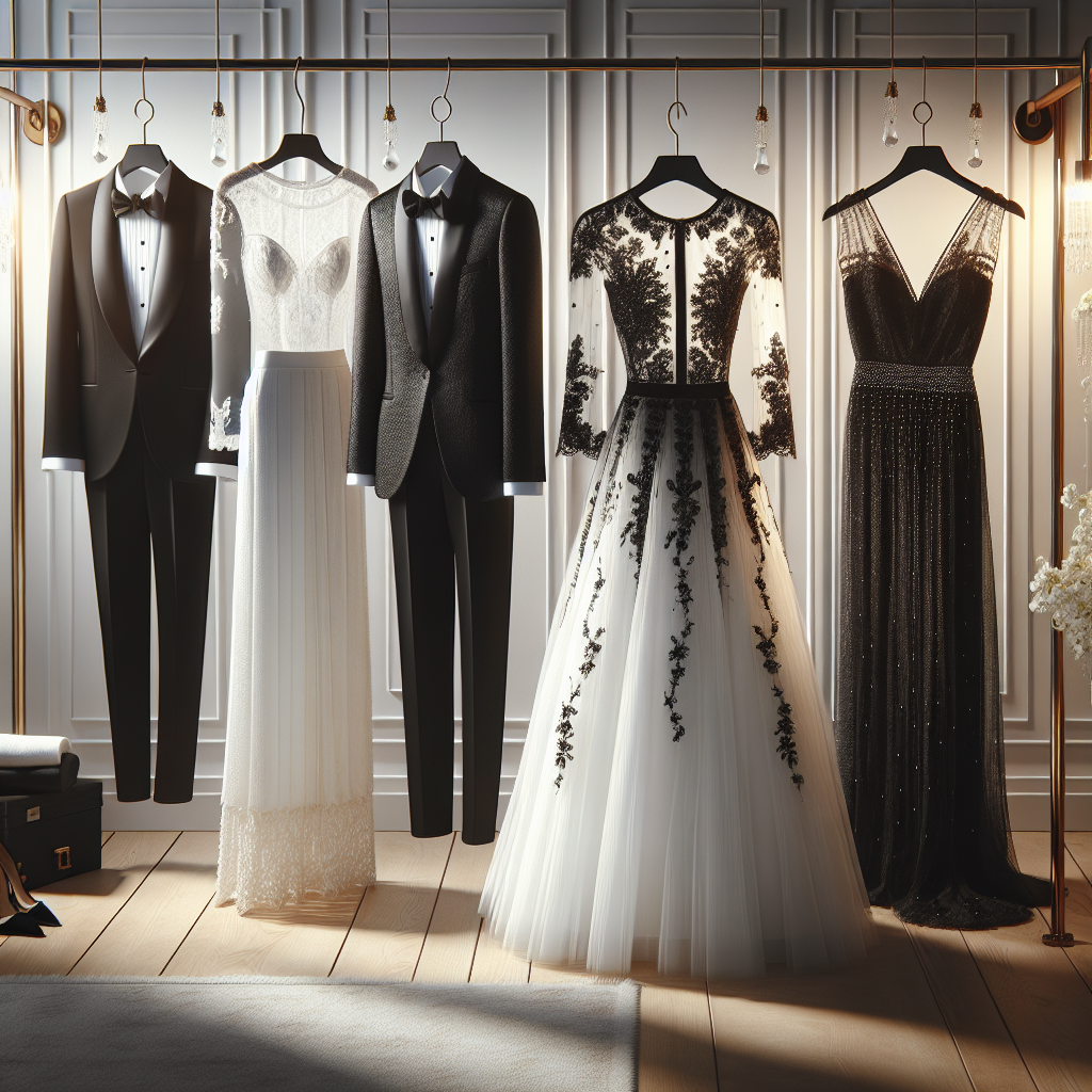 Stunning Black & White Gala Outfits: Find Your Best Look Create an image capturing a selection of gala outfits in black and white hues. The scene should portray four different outfits hanging elegantly on clothing racks. The first is a sophisticated black tuxedo with a crisp white shirt, the second is a flowy white gown with intricate black lace detailing, the third is a sharp white suit with a classic black tie, and the final one is a charming black cocktail dress with white pearls decorating it. The setting has a luxurious feel with soft light highlighting these stunning garments.