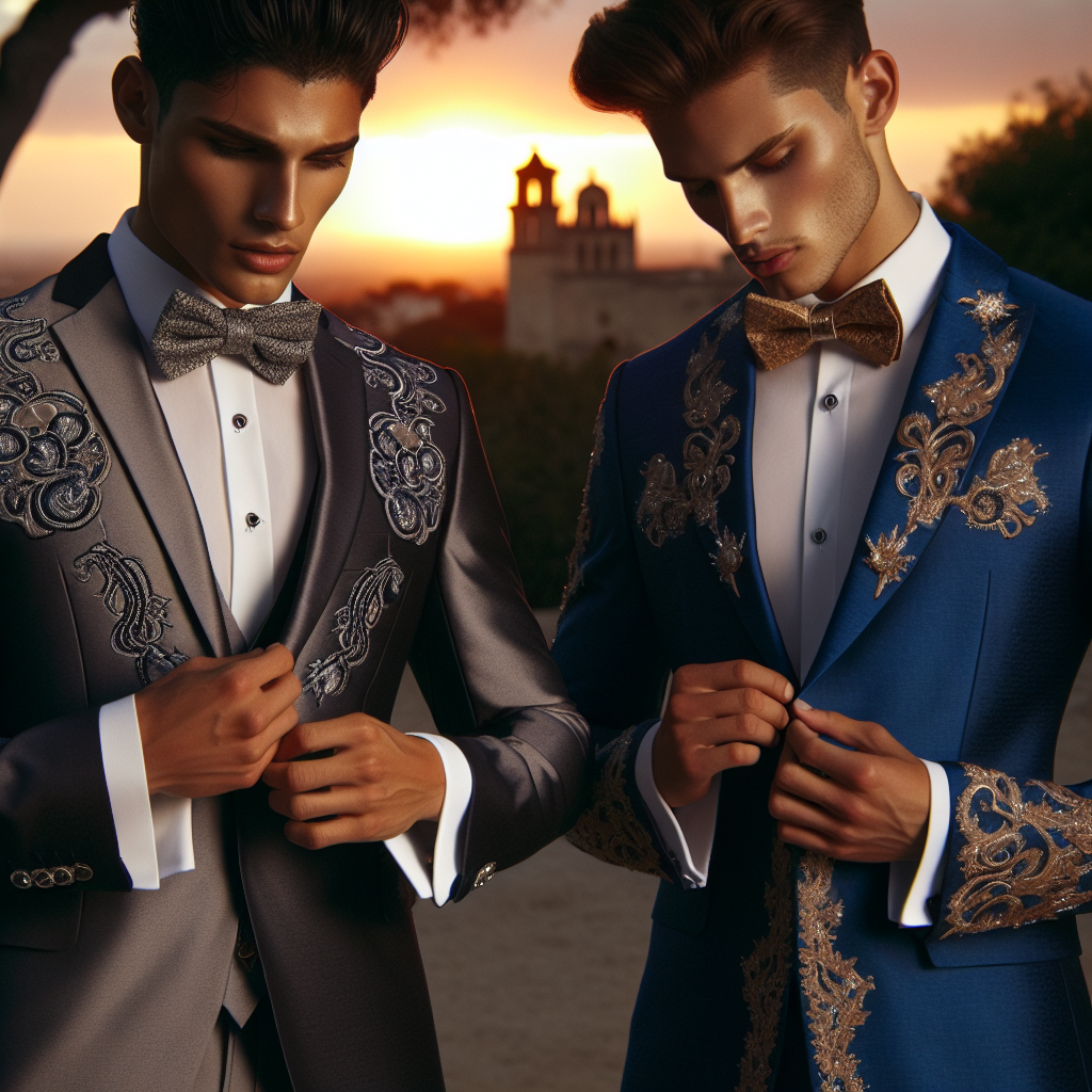 Stunning Outfits for Men: Dress for Quinceañera Success Imagine an outdoor scene set at sunset with two fashionable men preparing for a Quinceañera. The first man is of Mexican descent, and he is wearing a charcoal grey suit with intricate silver embroidery, a white shirt, and a matching silver tie. The second man is of Caucasian descent, and he is adorned in a royal blue suit with gold accents, a crisp white shirt, and a gold bow tie. Both men are adjusting their respective cuffs and have a keen sense of attention to detail, portraying the spirit of dressing for Quinceañera success.