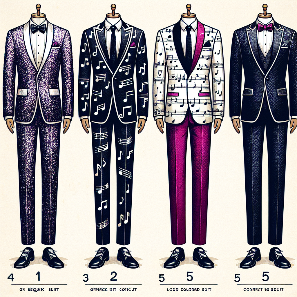 Create an image of five must-have suits appropriate for a generic music concert. Each suit should have a unique and trendy style. 1) A suit made of sequined fabric, shining under the spotlight. This black suit should be well-tailored and should have a slim fit design. 2) A white suit with a creative pattern, like musical notes or tiny guitars, printed on it. 3) A loud colored suit in fuchsia, paired with a contrasting light grey tie. 4) A deep blue velvet suit, showing the texture of the fabric. 5) A classic tuxedo, in black and white, with a subtle detail of a silver music note as a lapel pin.