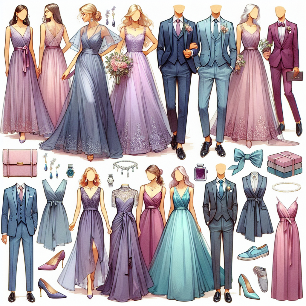 Showcasing a variety of stylish wedding party outfits suitable for bridesmaids, groomsmen, and guests. For the bridesmaids: flowing gowns in pastel hues, such as lavender purple, with elegant lace details and sparkling accessories. For the groomsmen: sharp three-piece suits in a deep navy blue, complemented by pastel-colored ties and pocket squares. For the guests: an array of dresses, jumpsuits, and suits, each piece represented in a palette of rich jewel tones like ruby red, sapphire blue, and emerald green. To complete all the ensembles, show fashionable shoes and accessories, including pearls, cufflinks, and pocket watches.