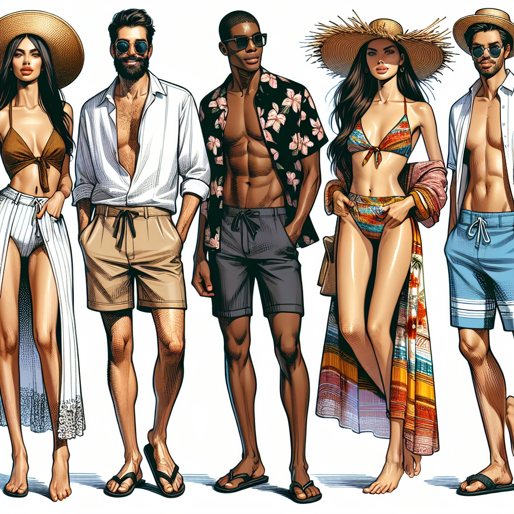 Illustrate a sizzling summer beach party scene. Show people of various genders and descents: a Middle-Eastern woman lounging in a chic straw hat and sundress, a Black man sporting a stylish Hawaiian shirt and board shorts, a South Asian woman in a trendy two-piece swimsuit and a pair of fashionable sunglasses, a Caucasian man wearing a classic white linen shirt and khaki shorts, and a Hispanic woman rocking a vibrant sarong and bikini combination. The spectrum of beach attire should exude an effortless and stylish vibe.