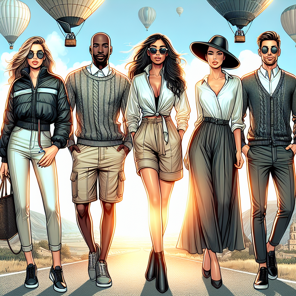 What to Wear: Stunning Outfits for Hot Air Balloon Rides Imagine an illustration showcasing a variety of stunning outfits suitable for hot air balloon rides. In the foreground, picture four individuals each with different descents including Caucasian, Black, South Asian, and Hispanic. The first individual, a Caucasian woman, is wearing a chic windbreaker and light-colored jeans. The second individual, a Black man, is styled in a comfortable sweater and khaki shorts. The third individual, a South Asian woman, is wrapped in a stylish scarf and dons a knee-length skirt. Lastly, the Hispanic man sports a fashionable hat, classic sunglasses, and dark jeans. The backdrop is a bright, sunny day and the glistening hot air balloon awaits their journey.