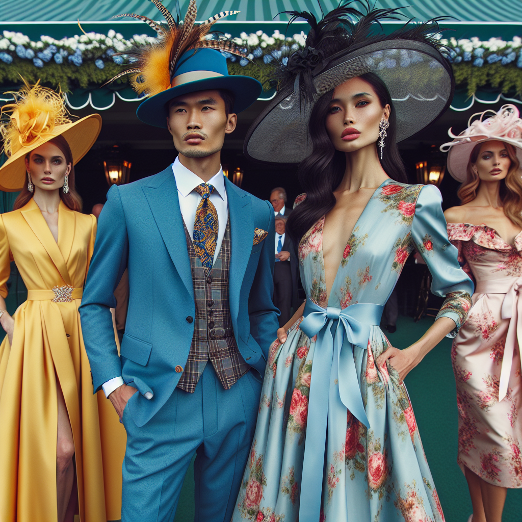 An exquisite display of stylish Derby outfits. Creating attention-grabbing interest, an East Asian man is decked out in a bright blue suit, a feather-accentuated hat adorns his head. Accompanying him, a Hispanic woman, elegantly garbed in a floral midi dress paired with a wide-brimmed hat embellished with ribbons. A pair of Caucasian women stand in the background, one in a vibrant yellow jumpsuit with a matching fascinator while the other exhibits a flourishing pink dress coupled with an avant-garde hat. The air is flush with fashion-forward confidence and effortless charm.