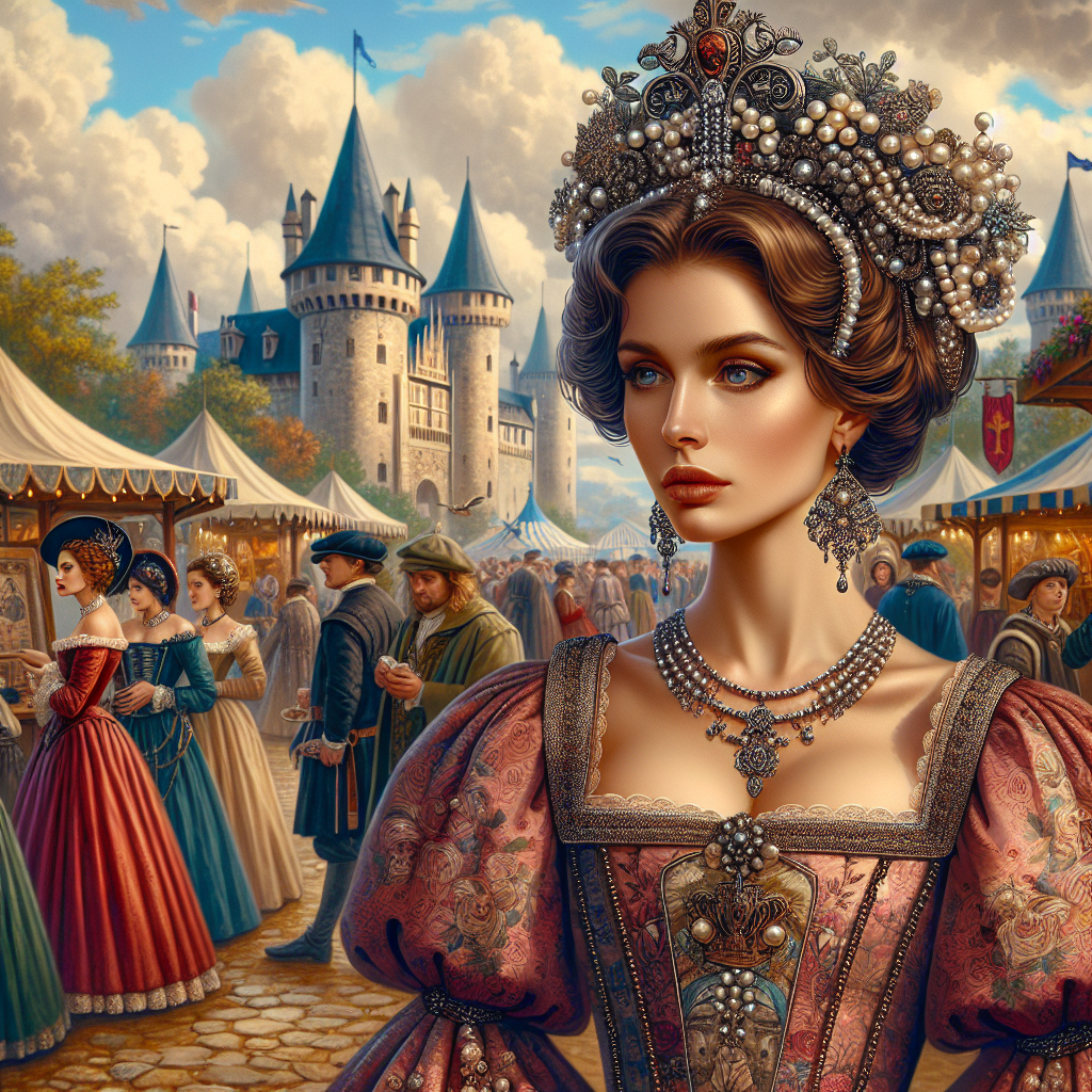 Illustrate a scene at a Renaissance fair, featuring a woman in stunning and effortlessly chic attire that reflects the style of that era. She is Caucasian, sporting a look crowned with a beautifully detailed headdress. The dress she is wearing is richly colored, adorned with pearls and intricate embroidery, perfectly evoking the Renaissance period. Surround her with other fair attendees, bustling activity, and medieval-style stalls to capture the vibrant atmosphere of such fairs. In the distance, there should be a castle, its turrets stretching towards the cloud-dotted sky.
