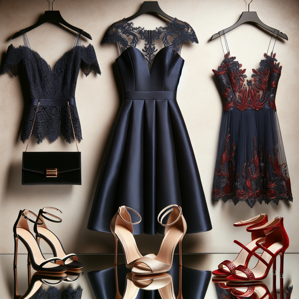 Must-Have Shoes for Navy Dress: Celebrate in Style Imagine an elegantly designed navy blue dress hung up against a simple neutral background. Placed right below it on a reflective glass surface, there are three sets of trendy shoes. The first pair is a striking black stilettos, the second pair features classy white peep-toe heels, and the third set is comprised of opulent red ankle strap sandals. All the shoes display distinctive designs and styles, promising a perfect blend with the navy dress for any occasion. Each pair of shoes is also beautifully accented with a matching clutch bag. These depicts the quintessential must-have shoes for a navy dress.