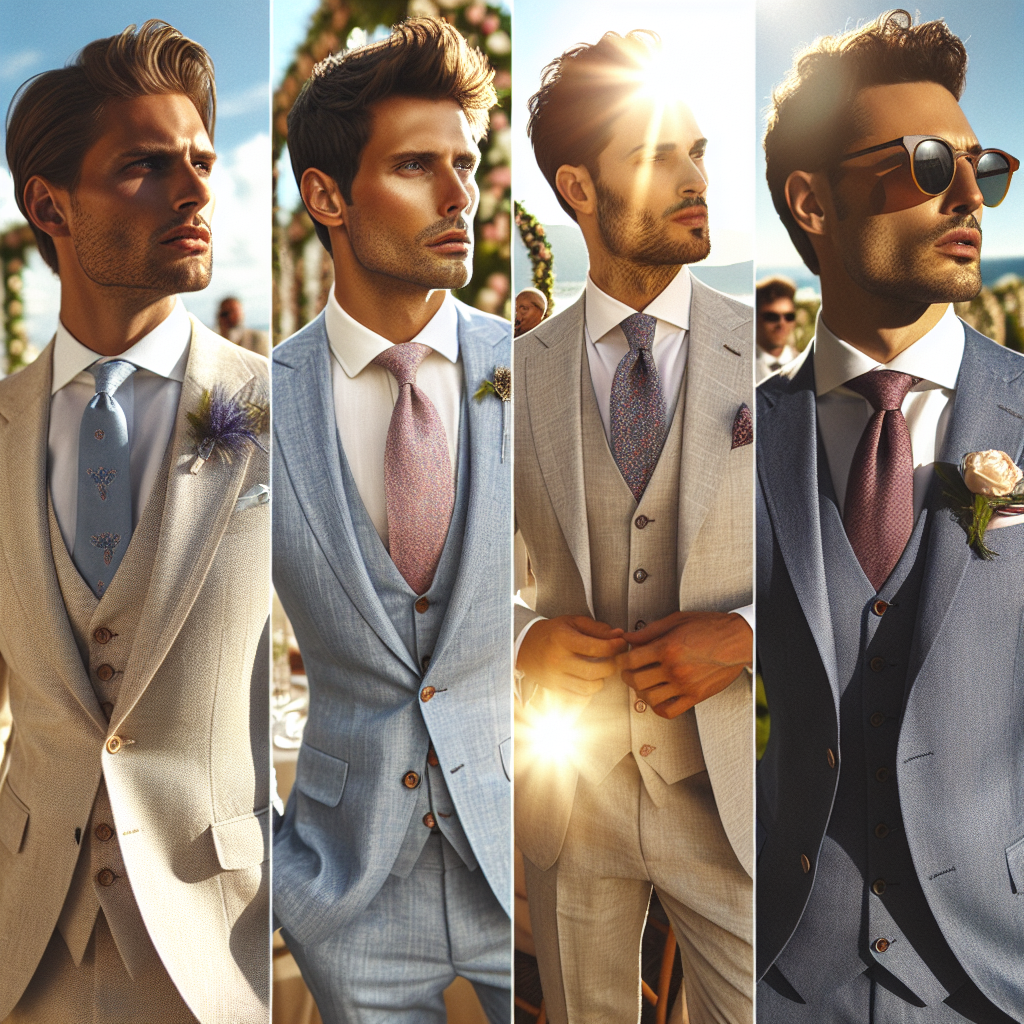 Summer Wedding Style: Must-Have Looks for Men Imagine a picturesque summer afternoon, sun shining brightly illuminating the clear blue sky. On this beautiful day, there is a wedding event with guests involved in vibrant festivities. In the center, there are four men, showcasing their stylish wedding attire. One man, of Caucasian descent, is wearing a light beige linen suit, tailored to flit his physique, complete with a pastel blue necktie. The next one, of Middle-Eastern descent, dons a classic white shirt and black trousers duo, enhanced with a lavender boutonniere pin. The third man, of South Asian descent, showcases a grey mandarin collar suit with a peach pocket square. Lastly, the man of Hispanic descent, impresses in a crisp navy blue suit with a burgundy tie, embodying the spirit of summer elegance. Each man should reflect confidence and sophistication, truly capturing the essence of must-have summer wedding looks for men.