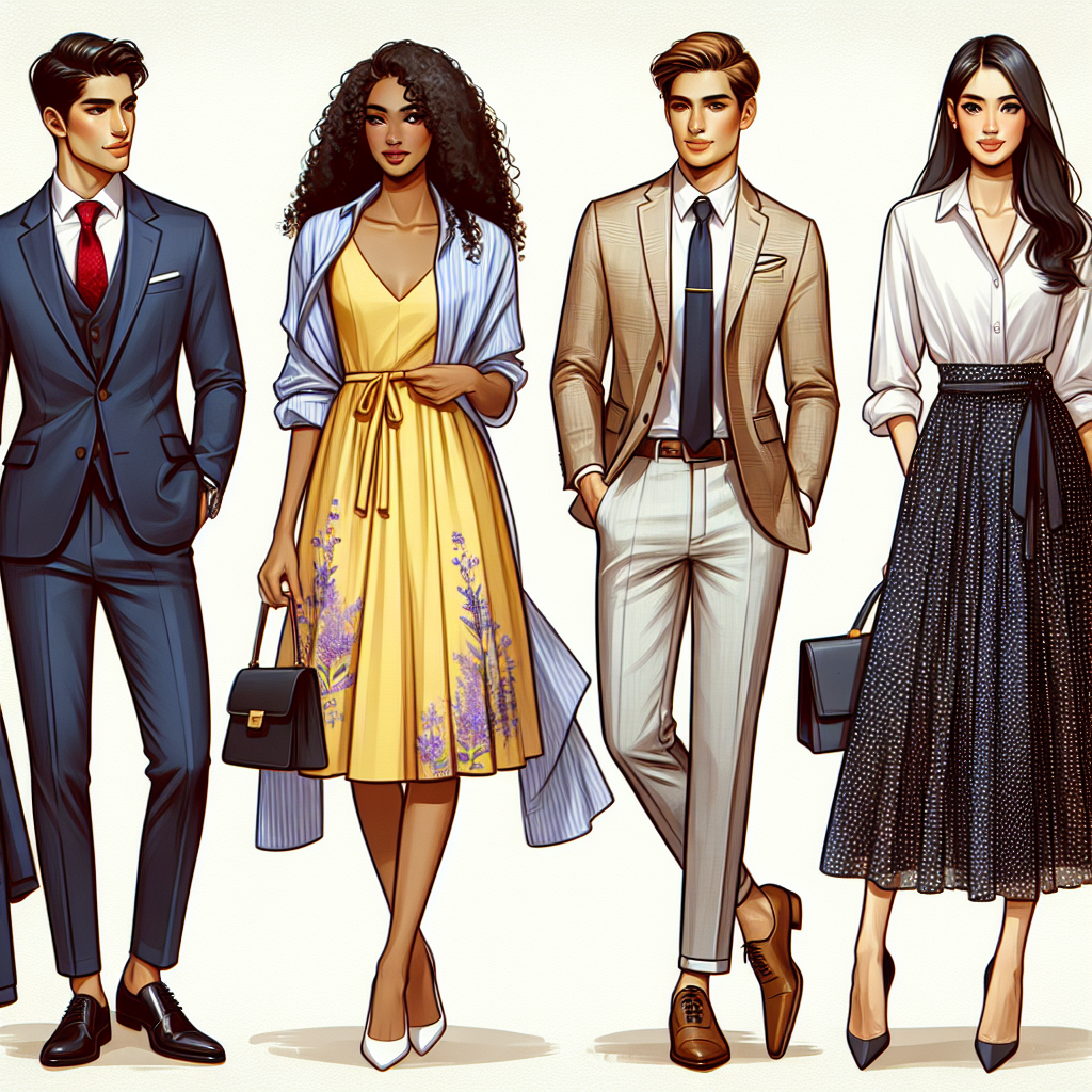 Visualize a fashion showcase of must-have outfits suitable for a surprise proposal scenario. Picture a charming South Asian male donning a tailored navy-blue suit, crisp white shirt and red silk tie. Imagine a graceful Black female in an elegant canary yellow dress with a lavender floral print. Also, create an image of a charismatic Caucasian male with a casual yet classy ensemble of a beige linen blazer, paired with navy chinos. Lastly, portray a fashionable Hispanic female in a sophisticated polka dot midi skirt paired with a white lace blouse. These outfits exude style and charm, perfect for a surprise proposal.