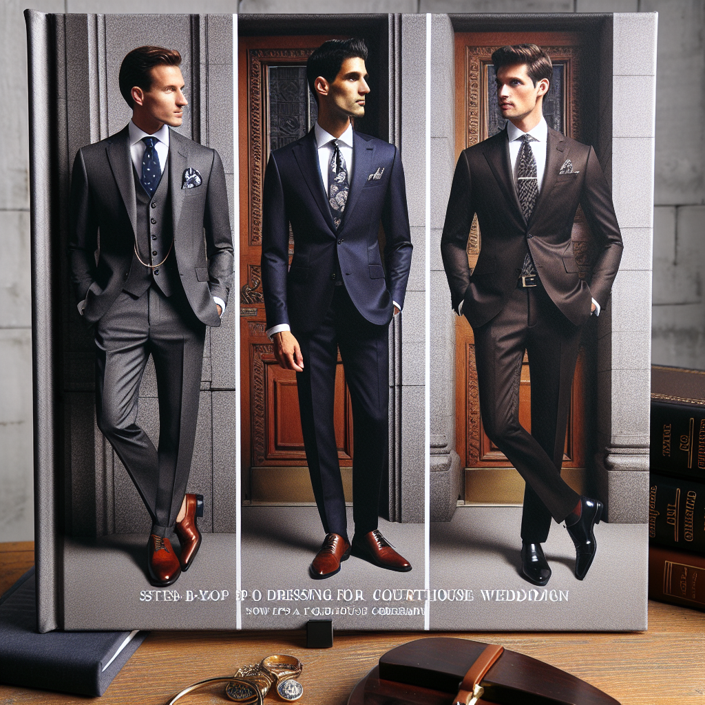 Stunning Courthouse Wedding Attire Guide for Men Depict a stylish guide for male wedding attire suitable for a courthouse ceremony. The image depicts three gentlemen of different descents: Caucasian, Hispanic, and Middle-Eastern. Each one is dressed in elegantly tailored suits, each varying in color - charcoal grey, navy blue, and black respectively. The suits are paired with tastefully patterned ties, polished shoes, and tasteful accessories like cufflinks and pocket squares. The backdrop is a well-lit, vintage courthouse with grand, wooden doors. On a foreground stand, a step-by-step guidebook on dressing for a courthouse wedding with tips and advice is placed.