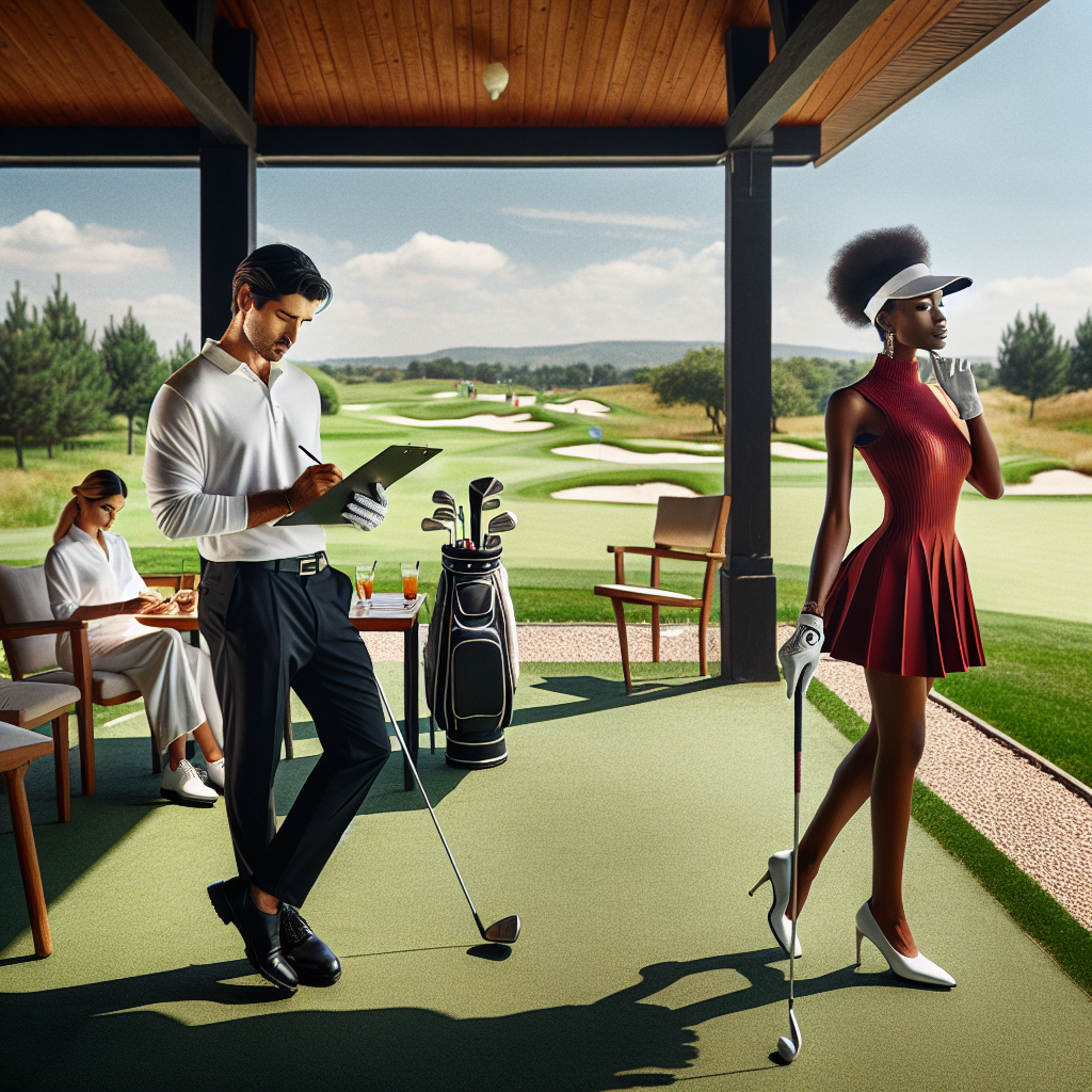 An open, sunny golf course peppered with neatly manicured green fairways and vibrant sand traps. In the middle stands a South Asian man in an elegant white golf shirt, black form-fitting pants, and a matching cap, his swing midway through. A few paces away, a Black woman&mdash;stunning in a red golf dress, matching gloves, and a white visor&mdash;takes notes on her clipboard, her face lighting up with insight. In the background, a Middle-Eastern woman in the clubhouse veranda is seen going through a golf magazine, sipping on her iced tea as she enjoys her break, dressed in a pastel golf ensemble exuding ease and style.