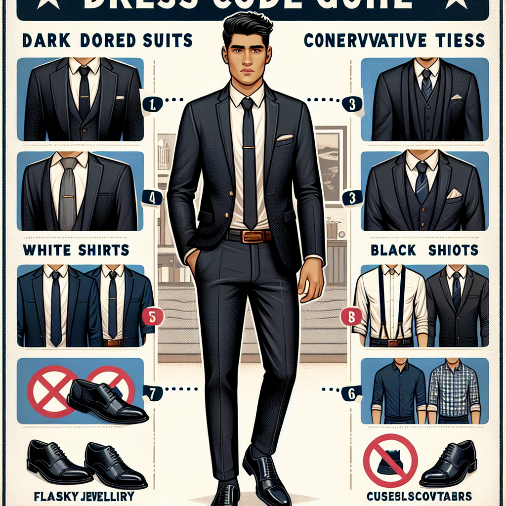 What to Wear at a Viewing: Must-Have Men’s Guide An image displaying a complete guide of appropriate attire for men attending a viewing. It will include a well-dressed man of Hispanic descent in the middle of the image with a caption 'Dress Code Guide'. He's wearing a dark-colored suit with a tie, a crisp white shirt underneath, and neatly polished black shoes. On the left side, focus on displaying different clothing options with subtitles: dark suits, conservative ties, white shirts, black leather shoes. On the right side, show common mistakes like flashy jewelry and casual clothing with a stop sign icon on it.