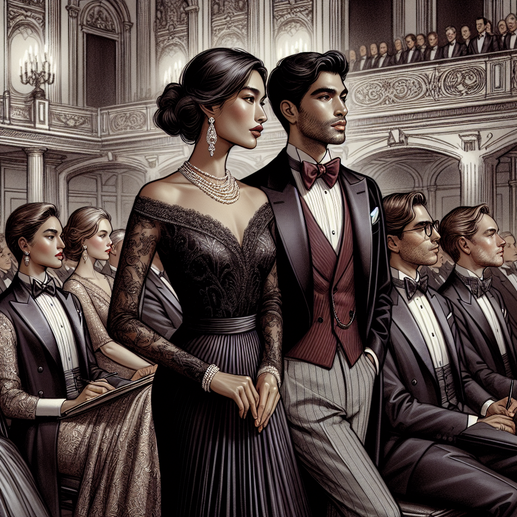 Must-Have Outfits for Classical Concerts & Events Depict an elegant scene at a classical concert event. Illustrate a South Asian woman in a sophisticated floor-length velvet gown with a tasteful pearl necklace, and a Middle-Eastern man dressed in a well-tailored black tuxedo with a red silk bow tie. For another area of the scene, show a Black woman in a lace cocktail dress paired with diamond earrings, and a Caucasian man in a charcoal grey three-piece suit with a striped silk tie. All individuals are attentive and engrossed in the musical performance. In the background, subtly hint at the grandeur of the venue with intricate neo-classical architectural details.
