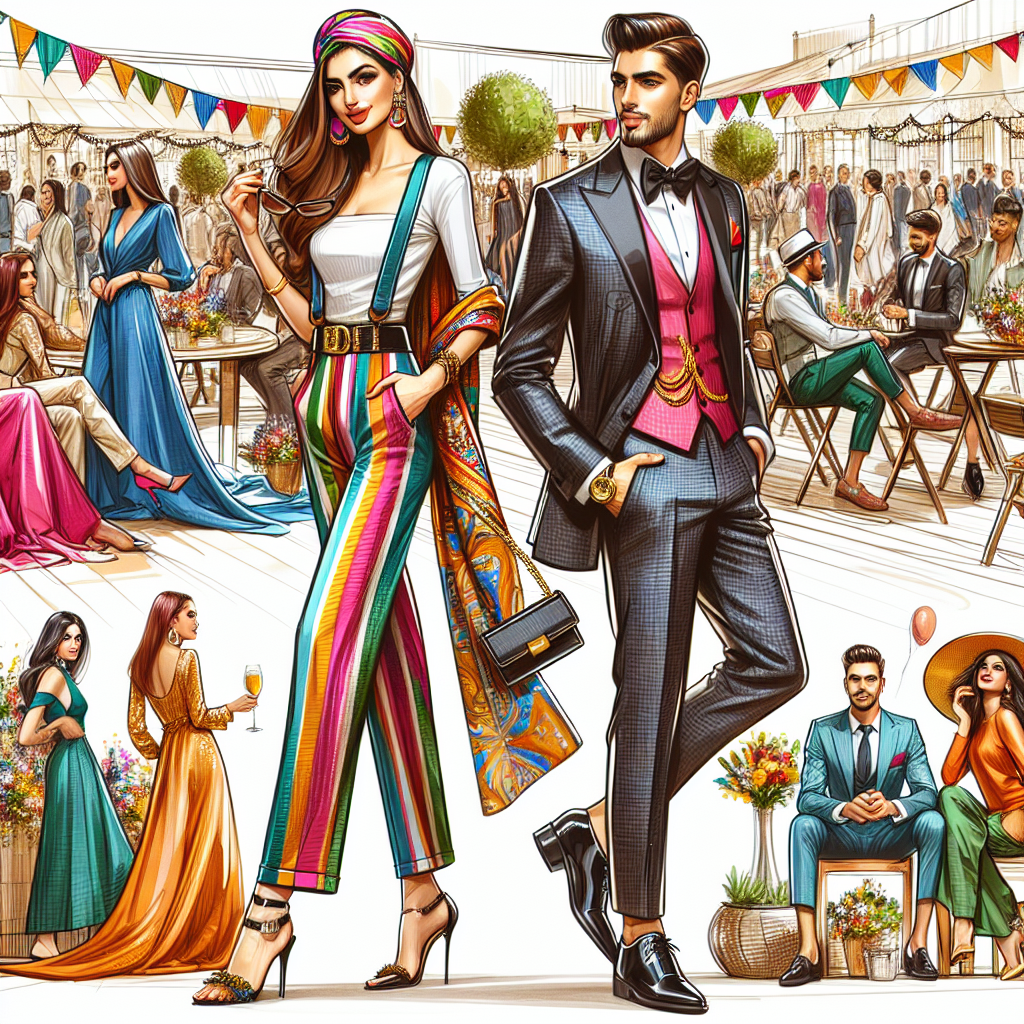 Depict a vibrant scene showing various fashion styles for celebrating life. In the foreground, show a chic Hispanic woman in a colorful jumpsuit, high heels and a stylish headband. Beside her, portray a Middle-Eastern man in a tailored tuxedo and a classic golden pocket watch. Sketch a group of people in the background, engaged in festive activities, wearing a variety of fashionable outfits in assorted colors. Please include a display of outdoor decorations, balloons, and flowers associated with life-celebration events.