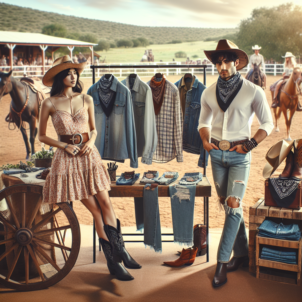 An idyllic rodeo scenario on a summer afternoon. In the foreground, there's a styling desk with different types of fashion accessories like leather boots, Stetson hats, bandanas, and denim jackets arranged neatly. A South Asian female stylist dressed in a floral sundress and cowboy boots is presenting an outfit made of ripped jeans, a checkered shirt, and a leather vest. A Middle-Eastern man wearing a classic white shirt, denim jeans, cowboy boots, and a bronze bolo tie is waiting for his turn, admiring the outfit options and rodeo scene ahead.