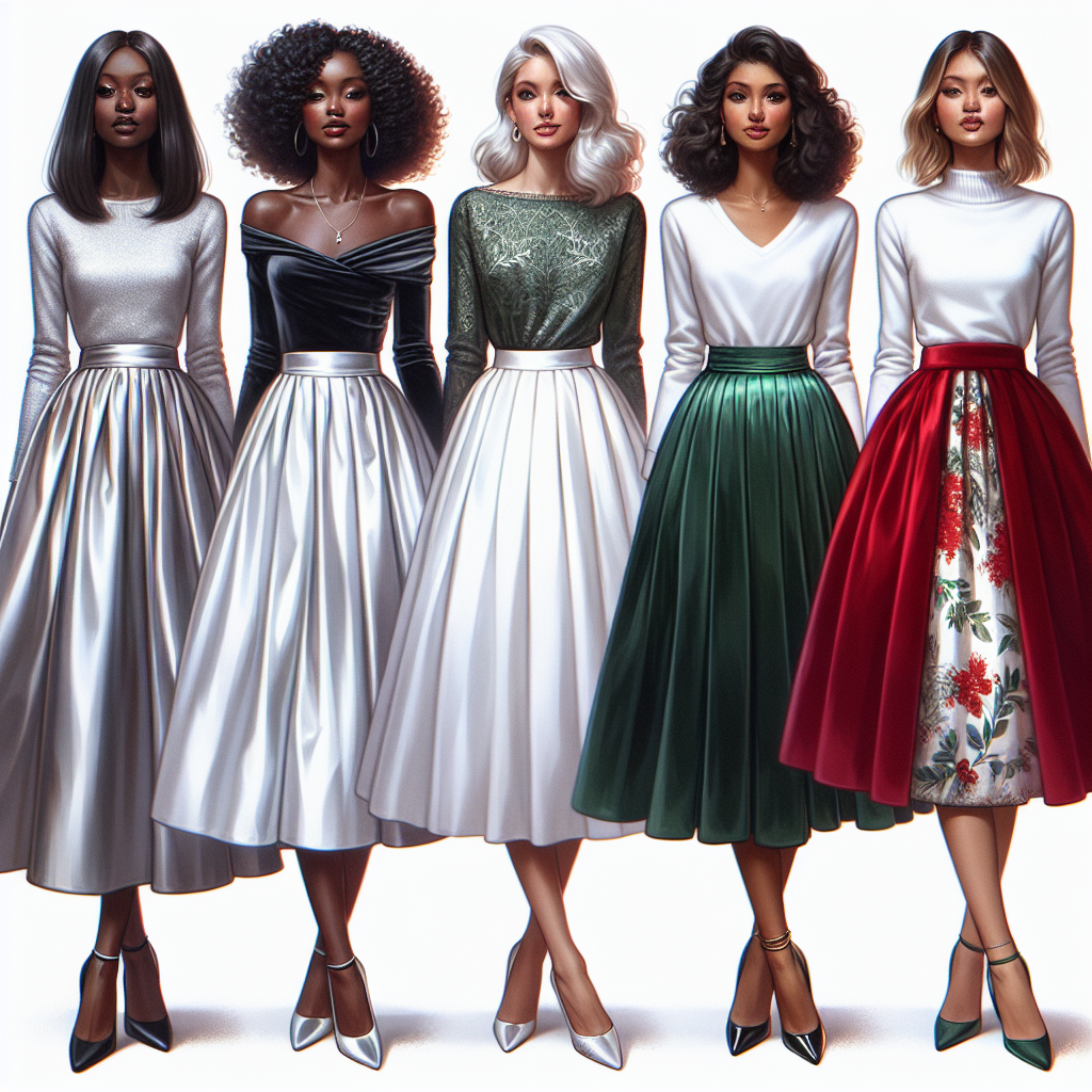 Must-Have Winter Skirts: Effortless Wedding Styles A showcase of five winter skirts perfect for weddings. Starting from the left, the first skirt is a long, silver satin gored skirt worn by a black woman with dark curly hair. The second one is an A-line white velvet skirt sported by a South-Asian woman with a straight hairstyle. The third is a pleated, shiny black taffeta skirt worn by a Caucasian woman with blond, wavy hair. The fourth one showcases a knee-length, emerald green brocade skirt worn by a Hispanic woman with a pixie cut. Lastly, the fifth skirt is a bright red woolen flared skirt worn by a Middle-Eastern woman with a long braid.