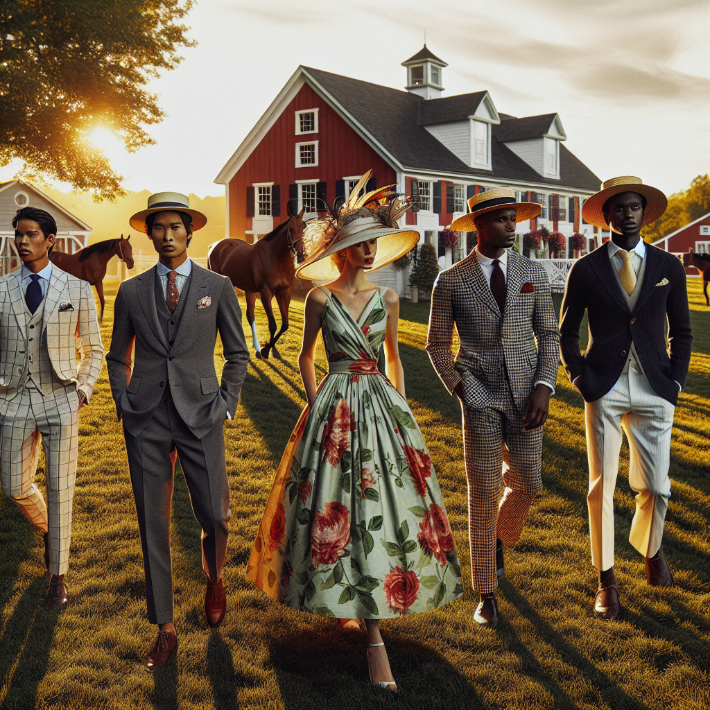 Stunning Kentucky Derby Outfits: Best Picks for the Farm Imagine a scene at the well-known horse racing event in Kentucky, USA. A diverse group of individuals displaying their stylish outfits. A South Asian man wearing a silk pocket square and Panama hat. One Hispanic woman, donning an elegant wide-brimmed hat with feathers and a classic tailored suit. A white lady in a vibrant floral tea-length dress with a matching fascinator heading towards a pretty cottage-style farm house. A black man in a seersucker suit and straw boater hat. They are all on a grassy field, with a golden sunset casting long shadows. In the background, a red barn and several majestic horses grazing.