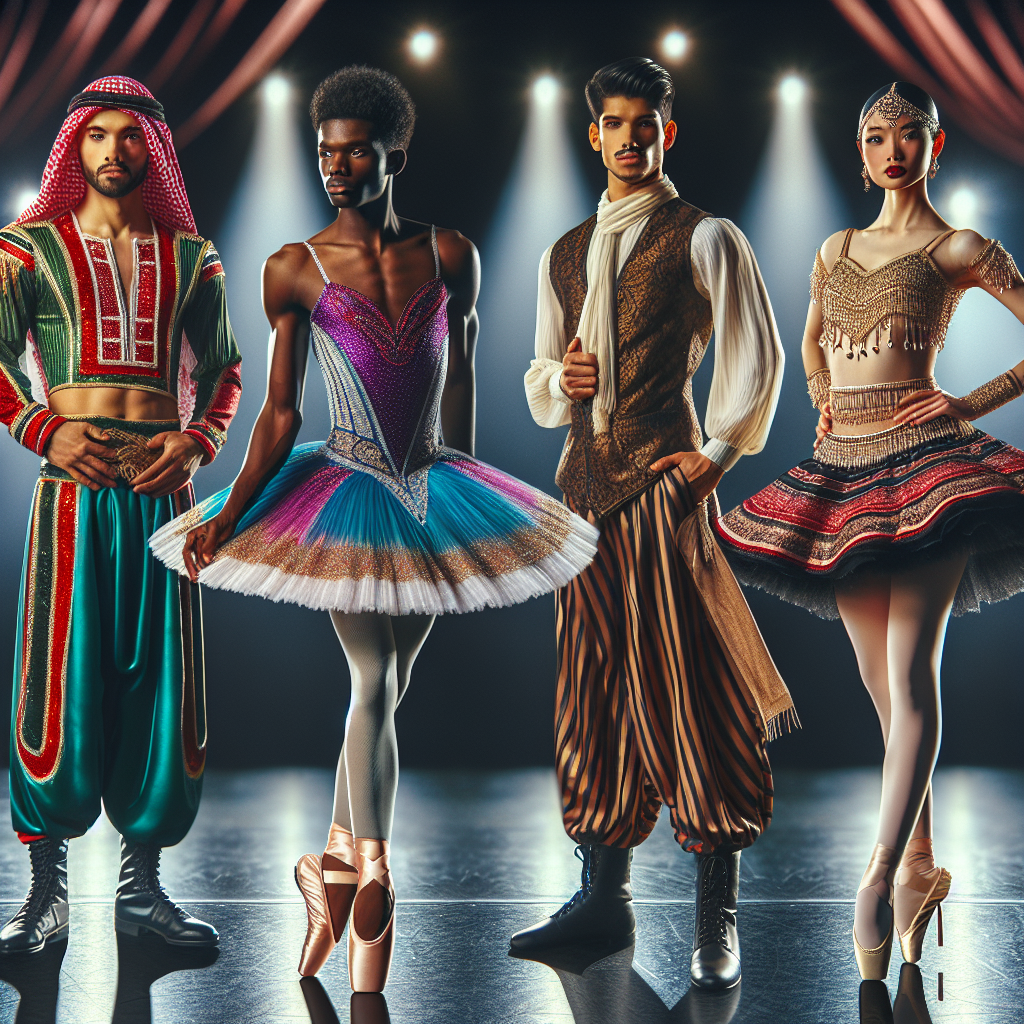 Stunning Outfits for Dance Recitals: Dress to Impress A visual showcase of diverse people wearing stunning and creative outfits suitable for dance recitals. The image should include a male Middle-Eastern dancer in a vibrantly colored traditional outfit, a female Black ballet dancer in an elegant tutu, a gender non-binary Hispanic individual in a tap-dance costume, and a South Asian woman in a beautiful Kathak dance dress. The four individuals present their outfits with confidence and flair, ready to impress. All individuals stand on a dance floor with stage lights casting dramatic shadows.