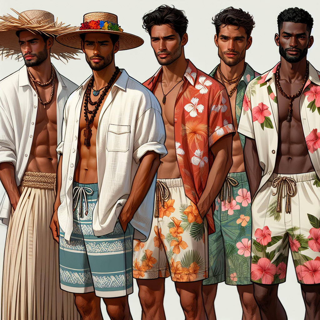 Visualize a range of luau clothing styles for men. The scene takes place on a balmy evening in Hawaii, a gathering by the beach. Showcase various items of attire - the simplicity and comfort of a South Asian man in a loose white linen shirt with paired floral board shorts, the boldness of a Middle Eastern man wearing an Aloha shirt in vibrant hues, and the rugged charm of a Black man in a traditional pareu wrap. Complete the look with straw hats, beaded necklaces, and flowers tucked just above the ear. Make sure these styles encapsulate very relaxed, easy-going, and effortlessly stylish vibes.
