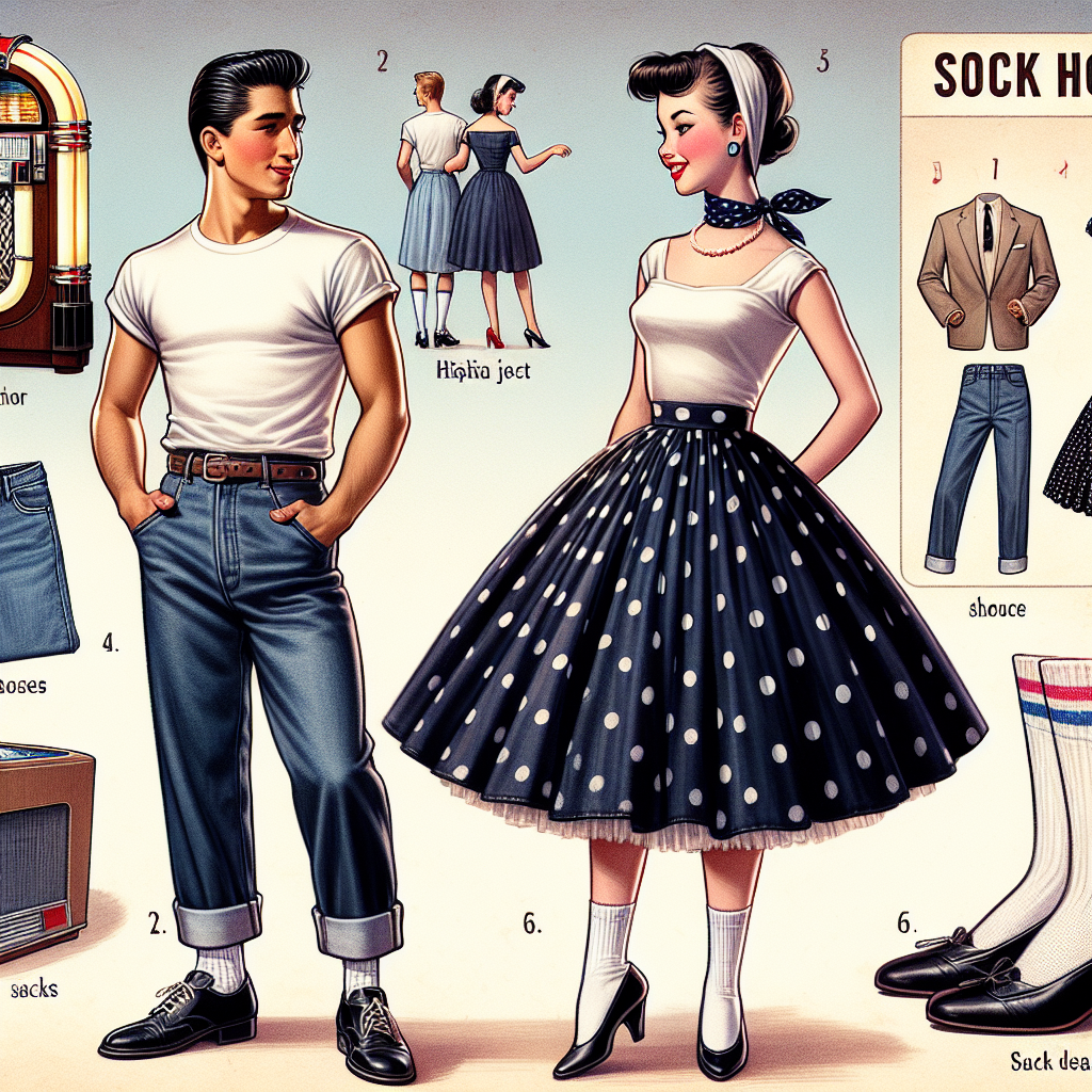 Visual guide for classic sock hop fashion. Features a male and female figure showcasing typical attire. The male figure, of Hispanic descent, is donned in a white T-shirt, rolled-up blue jeans and black leather shoes, with combed-back hair. The female figure, of East Asian descent, wears a full skirt with polka dots, a tight top, a chiffon scarf around her neck, white socks, and black saddle shoes, with her hair set in a 1950s ponytail. A jukebox in the background playing popular rock &lsquo;n&rsquo; roll music. The setting is a quintessential 1950s diner.