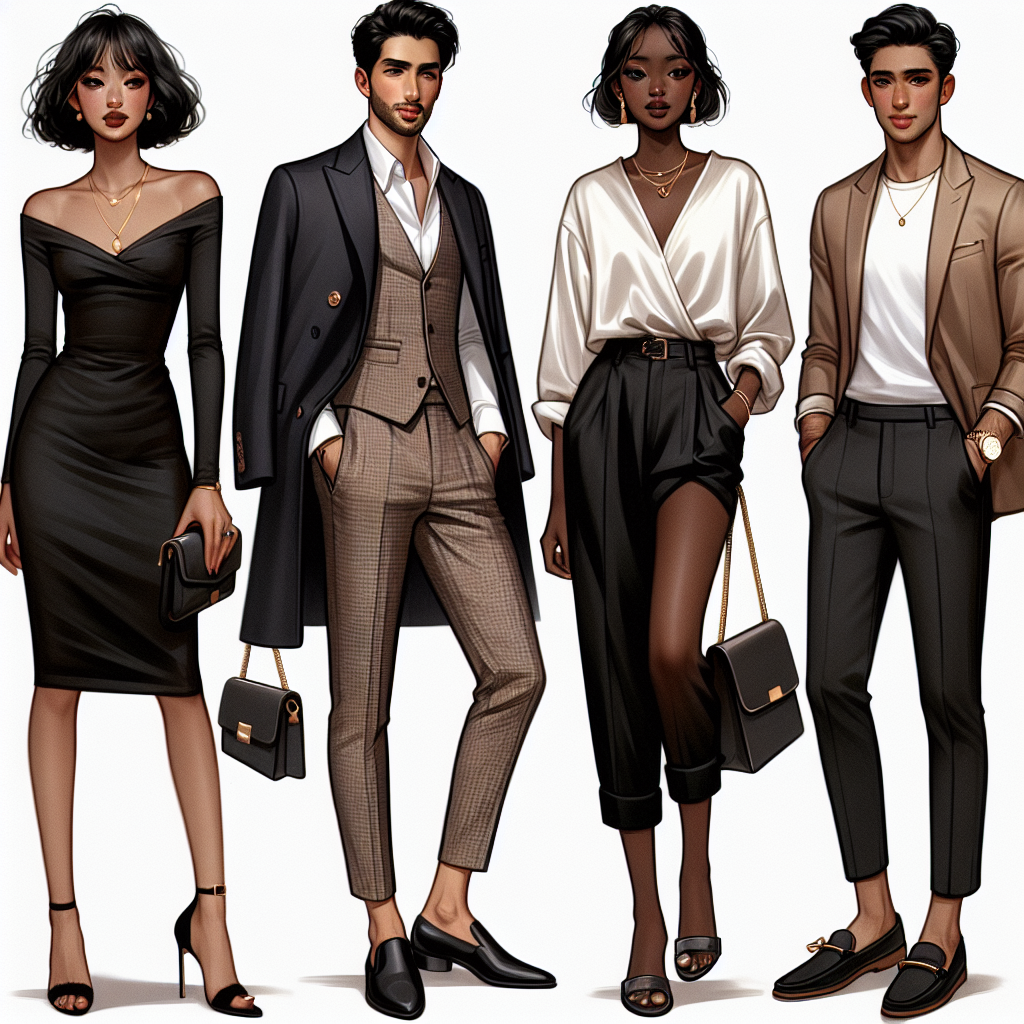 Show an ensemble of fashionable dinner date outfits. The first is a chic black dress worn by a Hispanic woman, paired with classy gold accessories and stilettos. The second is a trendy, yet refined two-piece suit worn by a Black man, complemented by a crisp white shirt and black loafers. The third depicts a South Asian woman in a stylish silk blouse and high waisted trousers, laced with subtle accessories. The fourth is a Middle-Eastern man donning a smart casual look: a beige blazer over a plain white tee and dark jeans, accentuated with a timepiece and suede loafers.