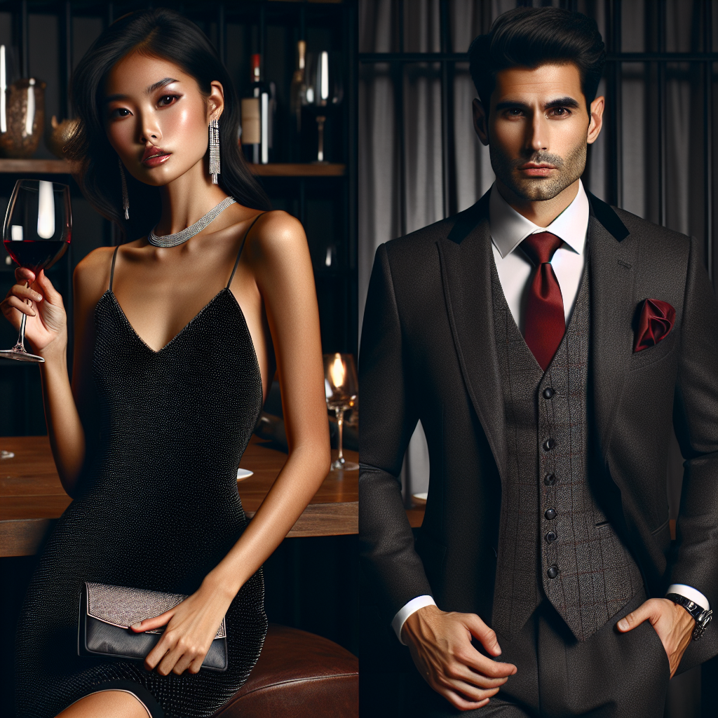 Must-Have Outfits for Steakhouse Nights: Effortless Elegance Envision a sophisticated steakhouse setting. To the left, we see an Asian woman styled in a sleek, black cocktail dress accented with diamond accessories, giving off an air of effortless elegance. She's holding a glass of red wine in one hand and a shimmering clutch in the other. To the right, a Middle-Eastern man dons a tailored charcoal gray three-piece suit with a bold red tie, demonstrating a mix of class and flair. Their outfits exuding modern sophistication, both are ready for a spectacular night at the steakhouse.