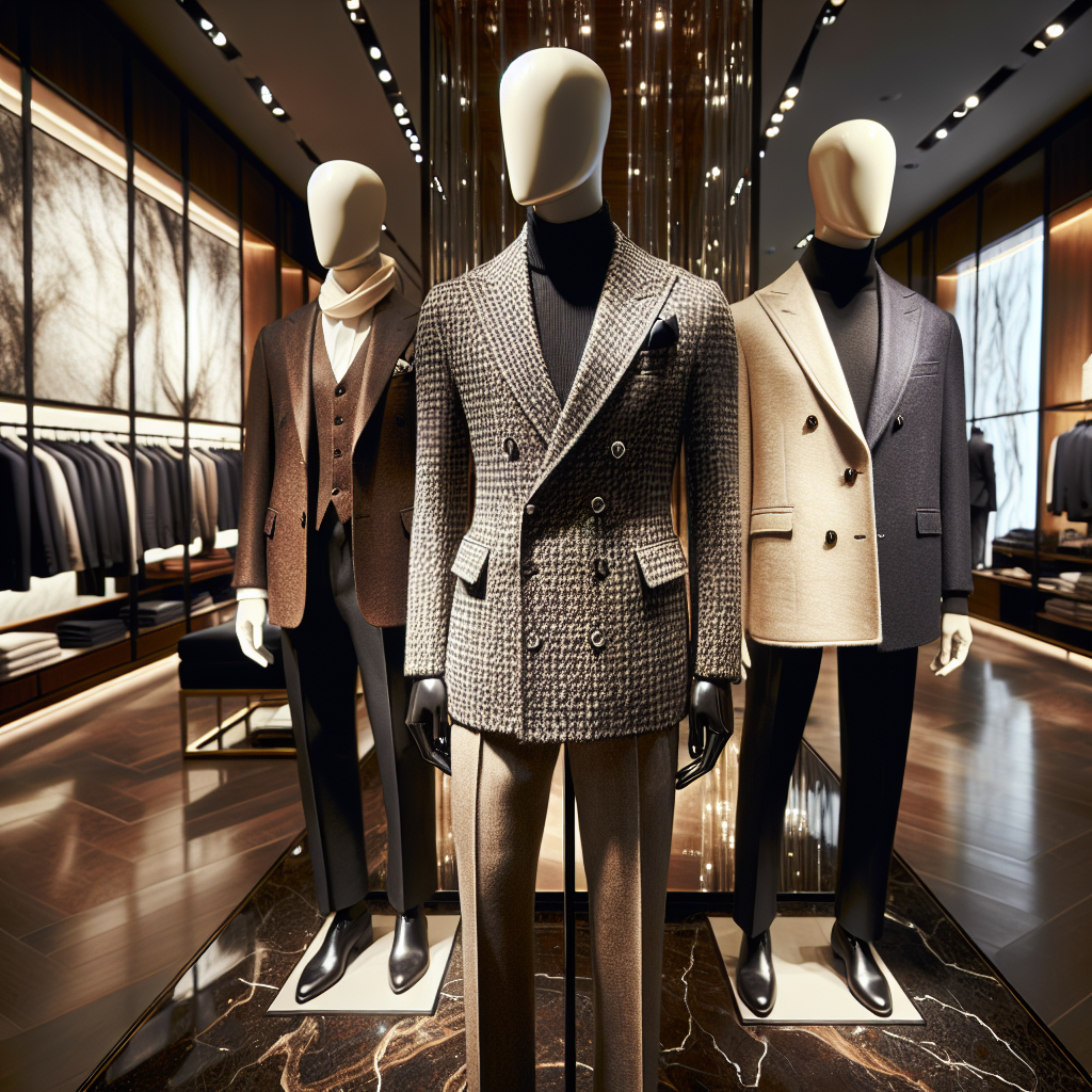 Sport Coat Styles: Uncover Exclusive, Must-Have Looks Picture an upscale fashion retail store. Displayed prominently are mannequins showcasing various sport coat styles. The first mannequin, an East Asian man, boasts a rich, dark houndstooth coat with sleek, silver buttons and a sharp cut. Beside him, a black female mannequin models a light beige linen sport coat, its casual elegance highlighted by a unique, intricate stitching detail on the collar. Finally, a South Asian male mannequin wears a navy blue tweed sport coat with a classic, timeless design. The store setting is contemporary, with lustrous, dark wooden floors and brilliant, spotlight lighting that highlights the exquisite detailing of each coat.