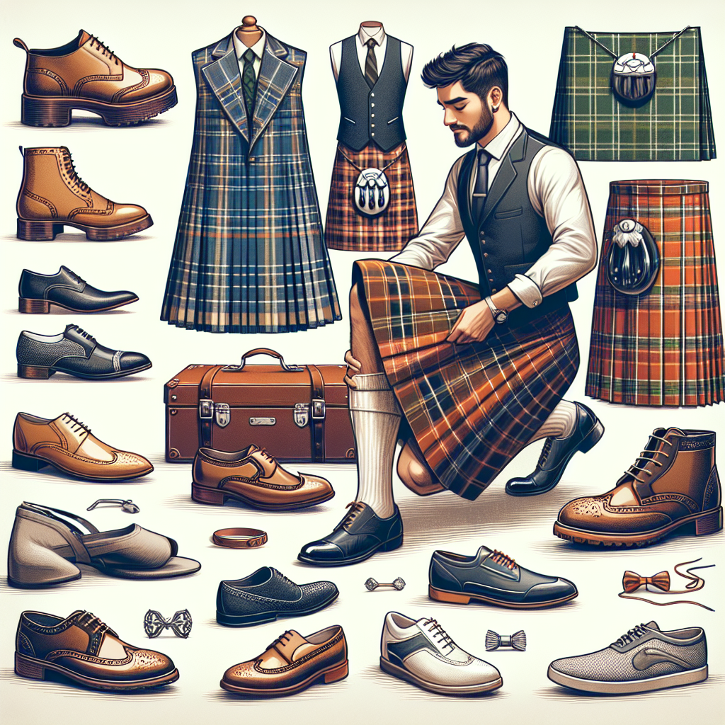 An array of different styles of shoes displayed prominently, suitable for wearing with a traditional Scottish kilt. The shoes range from formal brogues to more casual boat shoes and sneakers. A beautiful well-tailored kilt of tartan fabric is also presented, to provide visual context. A Middle-Eastern man in professional attire is adjusting a Celtic brooch on the kilt, exemplifying the process of matching the shoes with the kilt. A Hispanic woman is neatly arranging the shoes, illustrating the variety of choices. An informative text overlay reads: 'Must-Have Shoes for Kilts: Find Your Perfect Match'.