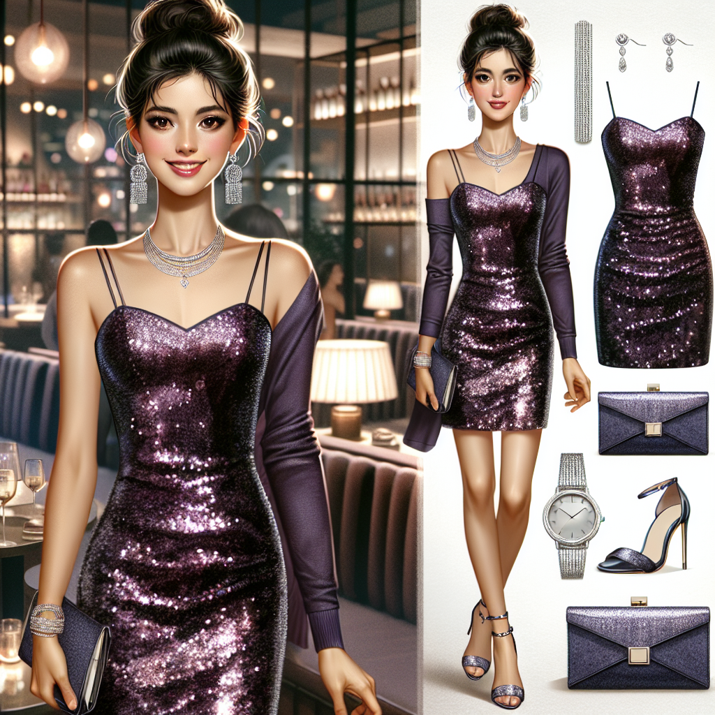 Visualize an outfit suitable for a relaxed, upscale social gathering. The character wearing the ensemble is a confident, middle-aged, South Asian woman. Her look includes a trendy, sequined cocktail dress in deep purple, paired with a stylish clutch handbag and high-heel shoes in matching silver. Complementary accessories are a statement necklace and delicate diamond earrings. She wears her dark hair in a sophisticated updo and has a bright, charming smile. The surrounding environment gives hints of a well-furnished, dimly lit club with ambient lighting and luxurious aesthetic.
