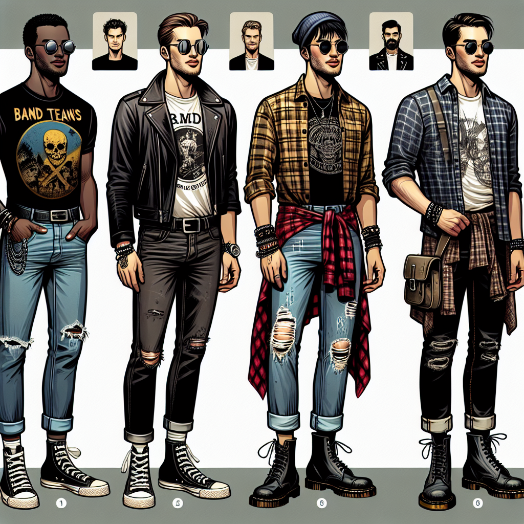 An illustrative guide aimed at men, showcasing different stylish looks suitable for a rock concert. The first scenario shows an African-American man rocking a classic band t-shirt, skinny jeans, and Converse sneakers. The next look features a South Asian man in a black leather jacket, distressed denim, and high top boots. Another scene shows a Middle-Eastern man in a flannel shirt, ripped jeans, combat boots, combined with a stylish wristband. Lastly, a Caucasian man is styled in a vintage rock tee, cargo pants, and Doc Martens. Each man's outfit is complemented by their personal accessories like sunglasses, hats, or chains.