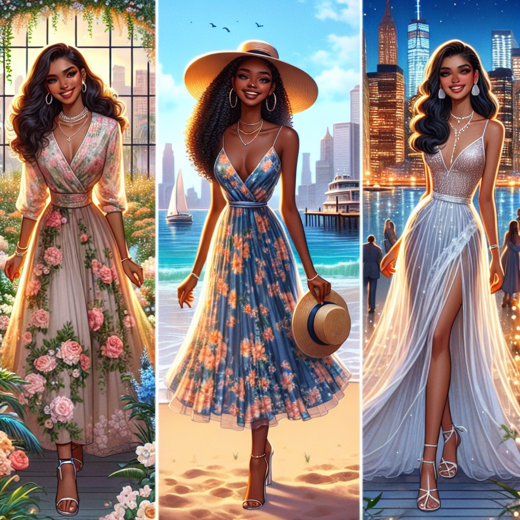 Image depicting three different environments: a garden, a beach, and a city rooftop. In each of these settings, a different woman is attending her engagement party. The garden scene has a Middle-Eastern woman wearing a stylish floral gown that blends with the lush plants around her. The beach scene shows a Black woman on the sandy shorelines, adorned with a chic sun hat and a light, flowy dress reflecting the ocean blues. Finally, in the city, a South Asian woman is seen in a stunning modern dress with bright city lights as the backdrop. Each woman radiates happiness and elegance.