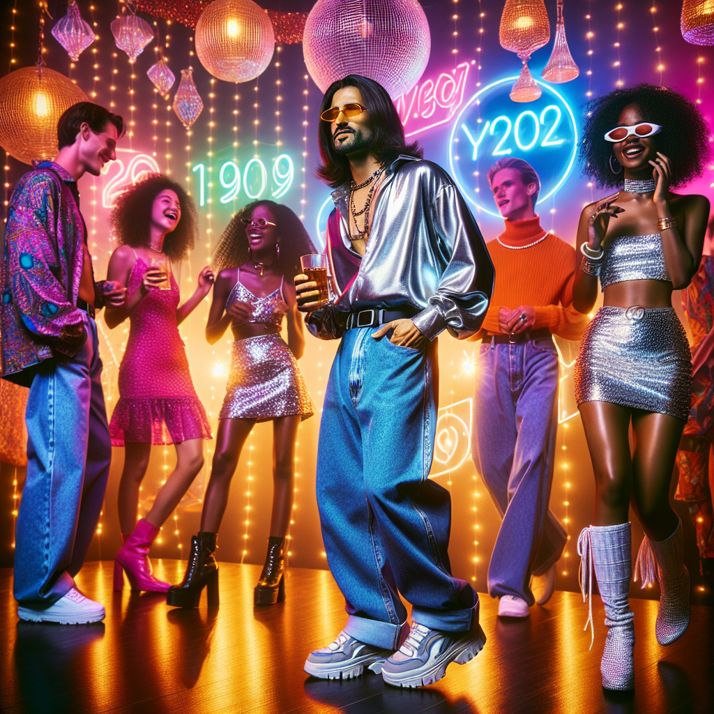 Must-Have Y2K Party Outfits for a Chic Throwback Imagine a vibrant party scene, with nostalgic yesteryears of early 2000s fashion trends. Glowing decoration with neon lights form the backdrop. A South Asian man dons a metallic silver shirt, paired with baggy denim, and chunky sneakers. An African woman, dressed in flared, low-rise jeans, a halter top, and tinted sunglasses, swirls to the pulsating rhythm. A North European woman sports a sparkling mini-dress along with a tiny shoulder bag and high-heeled boots. They are all radiating energy, laughing, chatting, and dancing, epitomizing the laid-back glamour of Y2K party outfits.