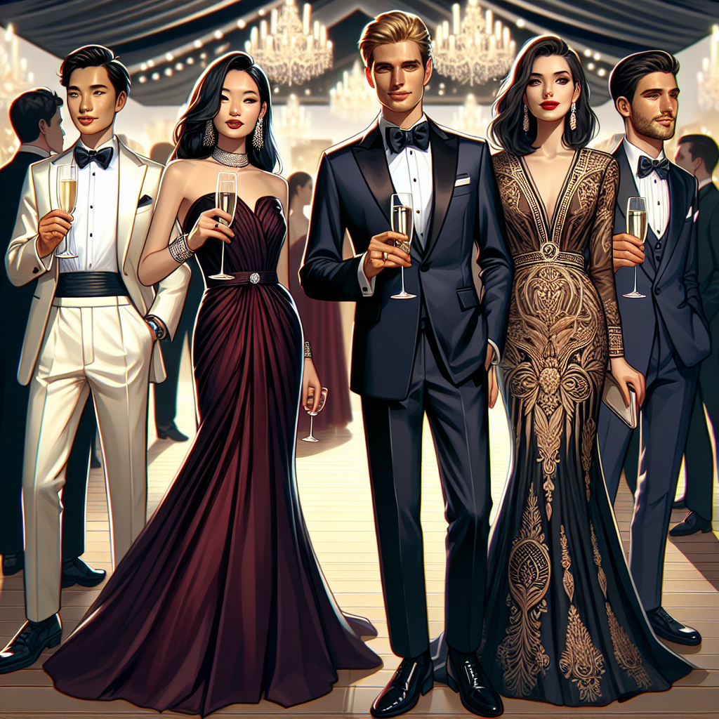 Effortless Elegance: Must-Have Outfits for Soirees Visualize an image showing a variety of must-have elegant outfits for soirees. Picture a classy setting where an Asian female is in a sleek, floor-length black dress holding a crystal glass of champagne, a Caucasian male in a tailored navy blue tuxedo with a bow-tie, nearby an elegantly dressed Middle Eastern female in a richly embroidered burgundy gown. On the other side, depict a Hispanic male in a well-fit cream-white suit enjoying the event. Keep the atmosphere sophisticated and refined, emphasizing the detail of the outfits and the ambiance of the gathering.