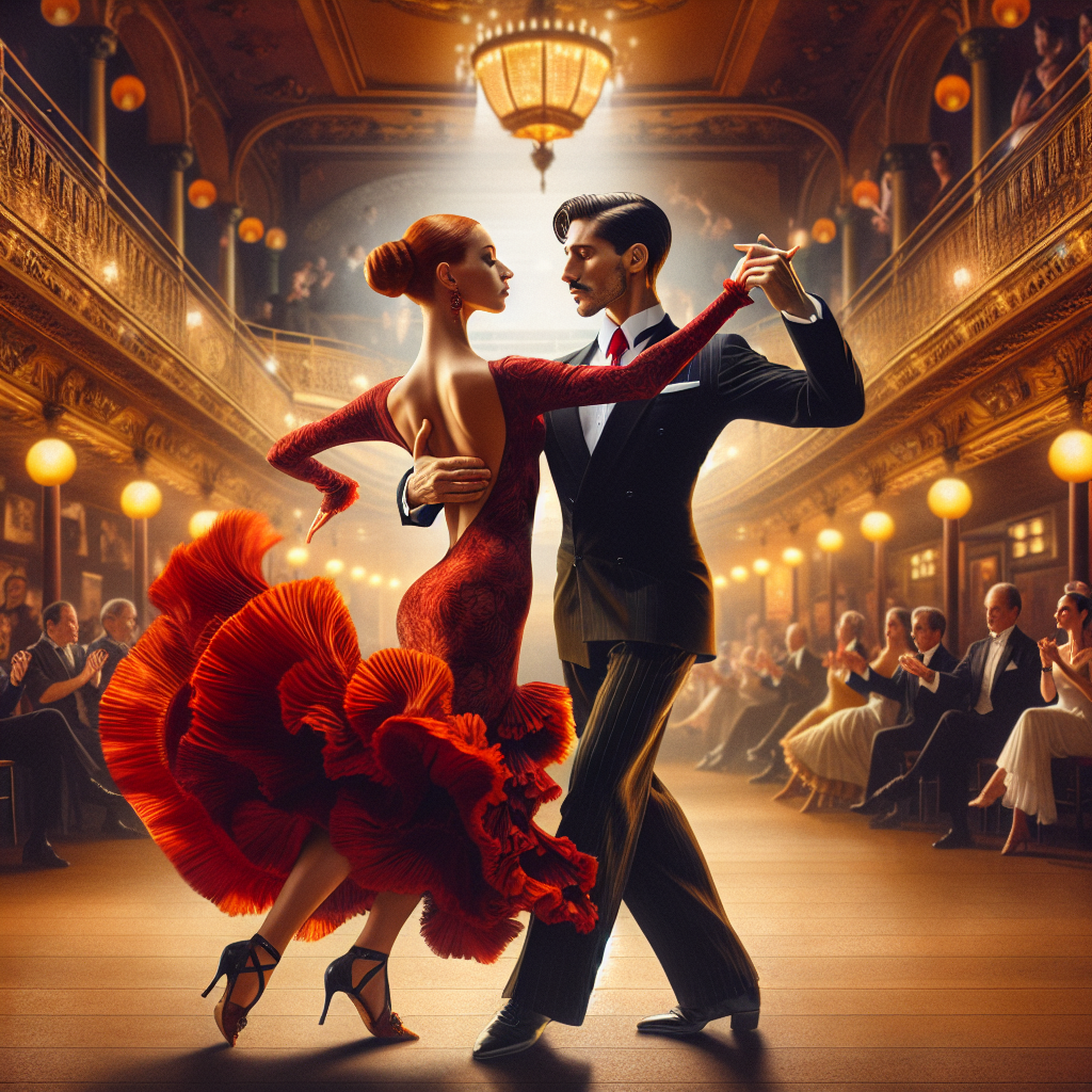 Create a sizzling image of two tango dancers twirling on a dance floor within the context of a Buenos Aires tango show. The lead dancer is a suave Hispanic man with slicked-back hair and wearing a well-fitted black suit, white shirt, and fiery red tie. His partner is an elegant Caucasian woman with a swaying auburn hair bun, wearing a dramatic flamenco-style red dress with ruffles that moves fluidly with her steps. The backdrop portrays an authentic Buenos Aires dance hall, with golden decorative details, a lively crowd, and soft, dim, romantic lighting.